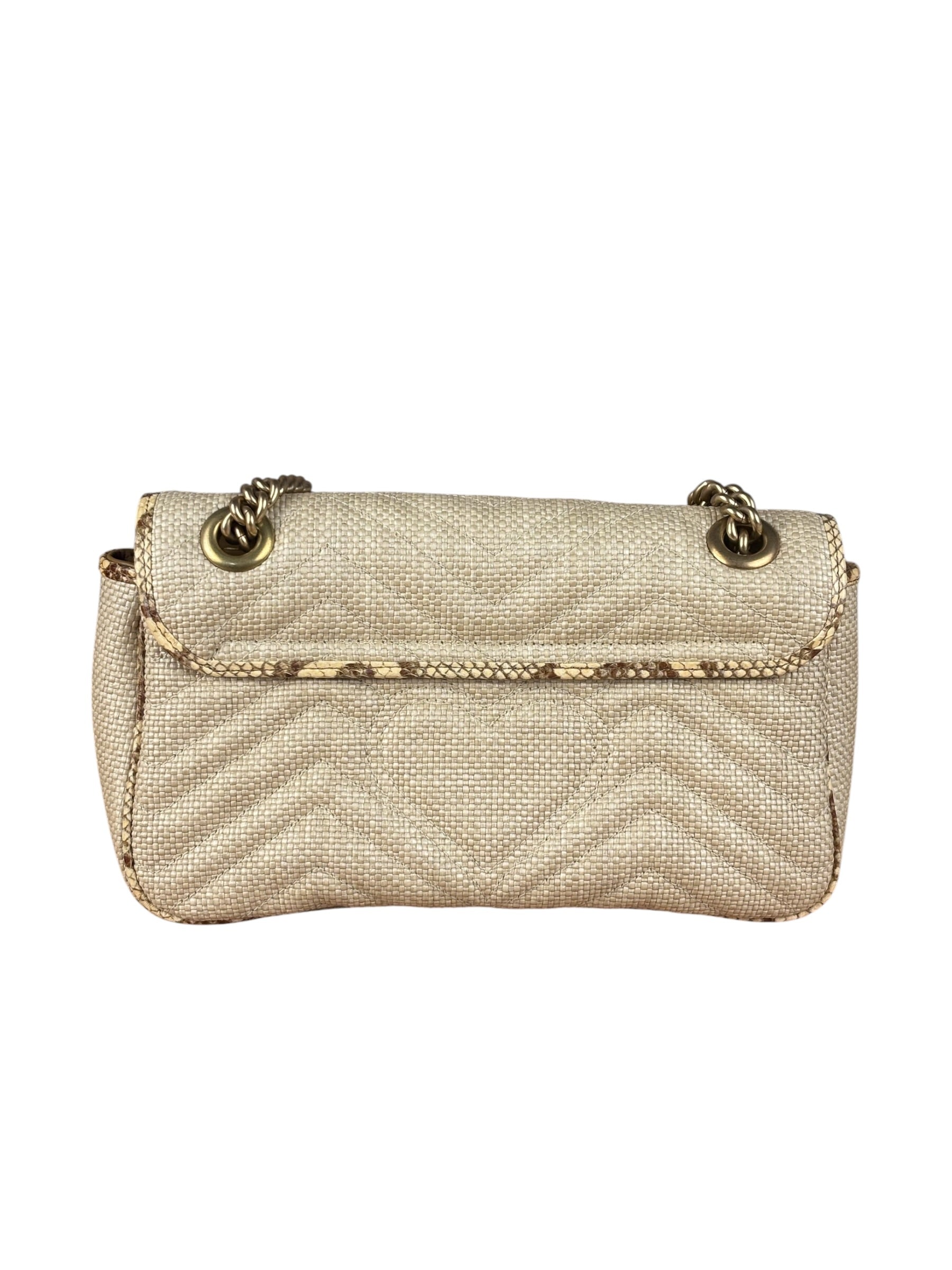 Gucci GG Beige Raffia Marmont Snakeskin Trim Flap Bag
