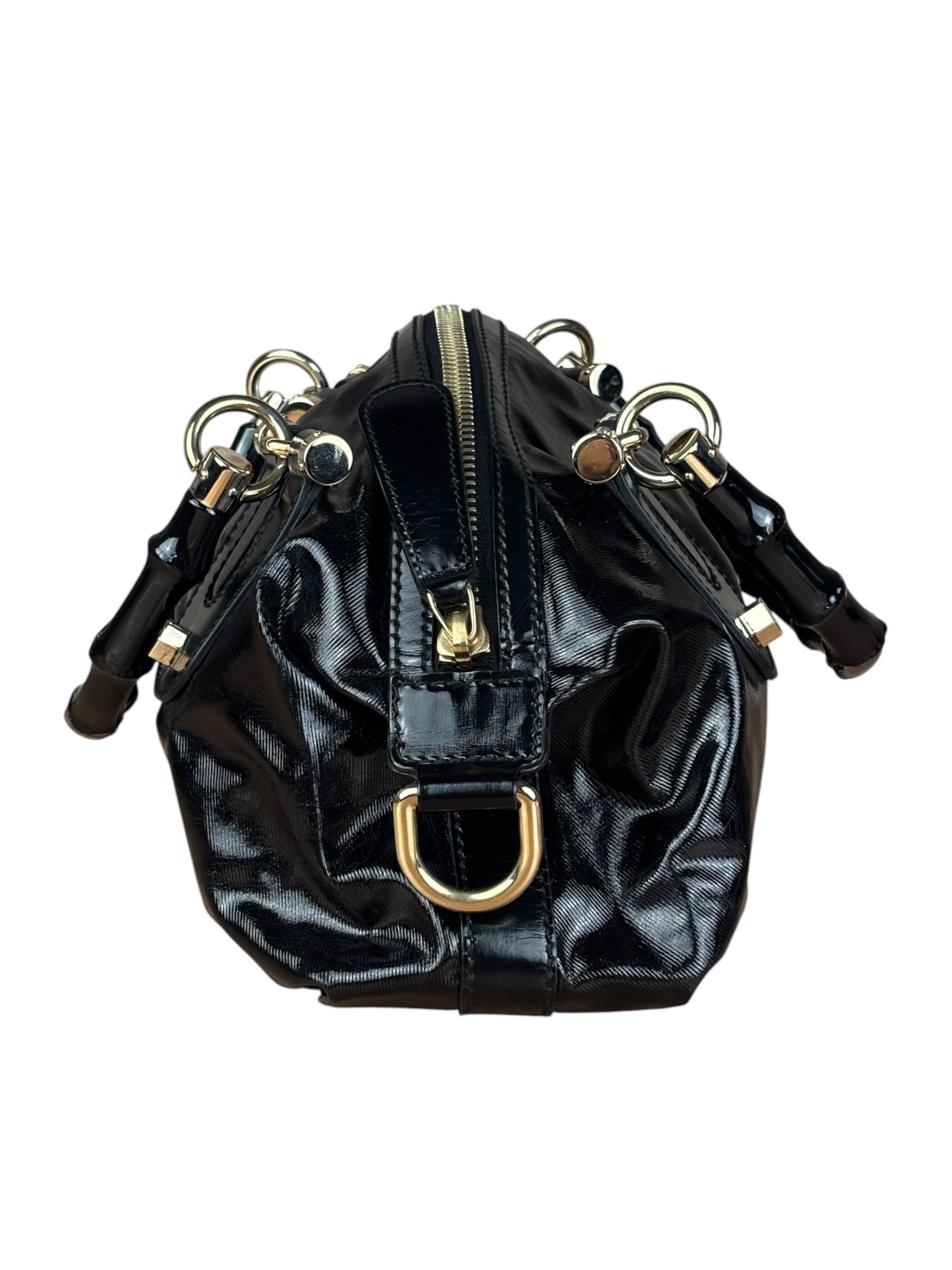 Gucci Black Patent Vintage Dialux Pop Bamboo 2Way Handbag