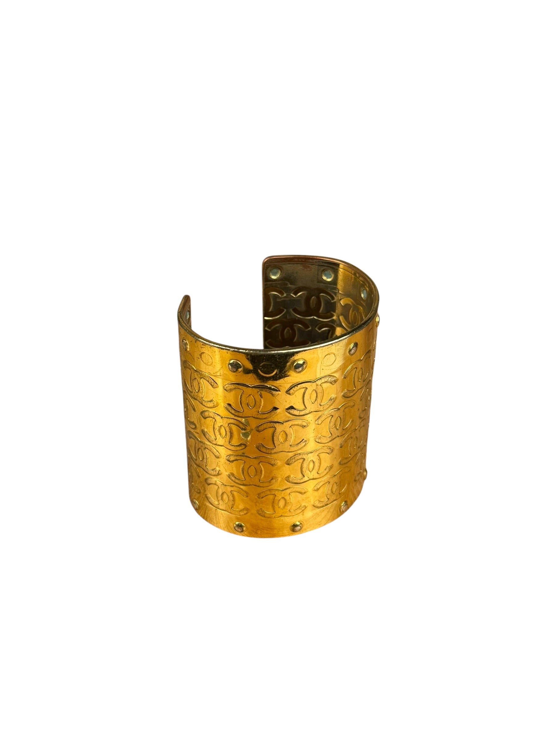 Chanel Vintage Gold CC Print Cuff Bracelet