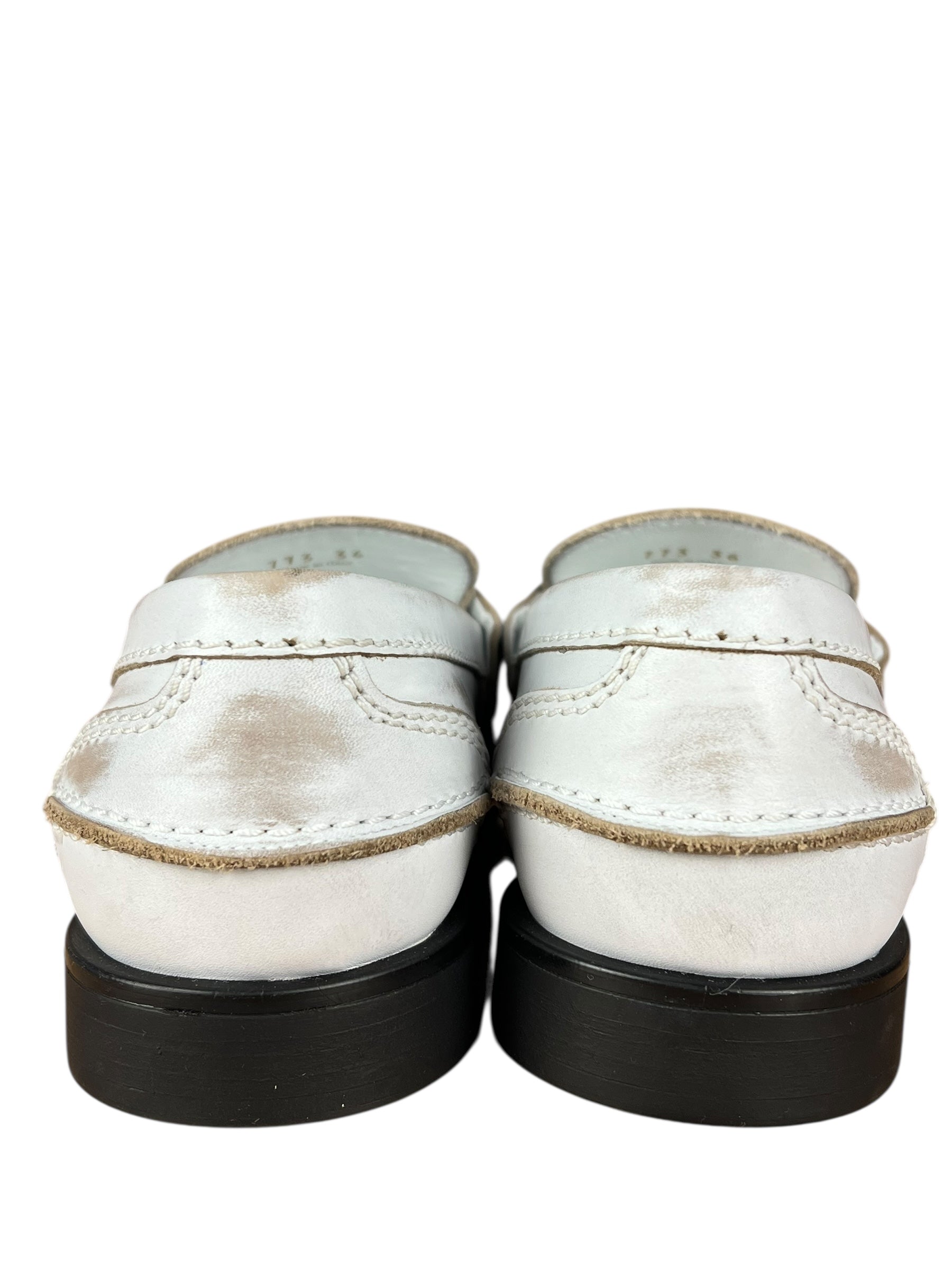 Miu Miu White Distressed Leather Penny Loafers