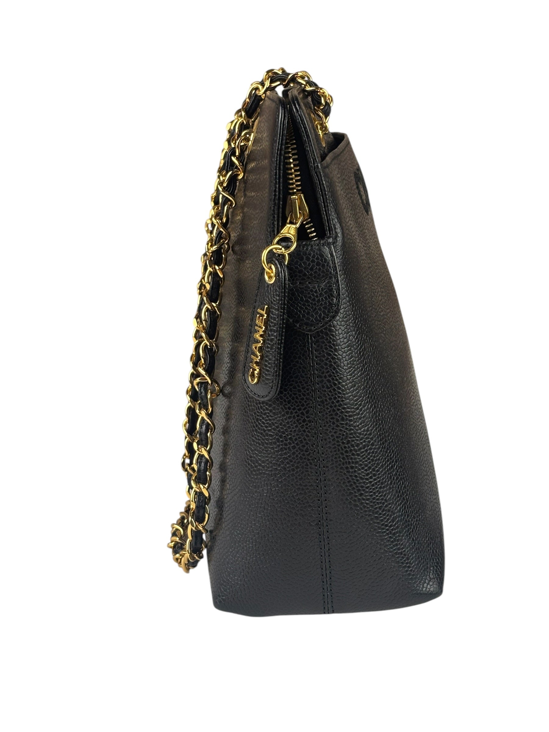 Chanel Vintage Black Caviar Leather Timeless Chain Shoulder Tote 1998