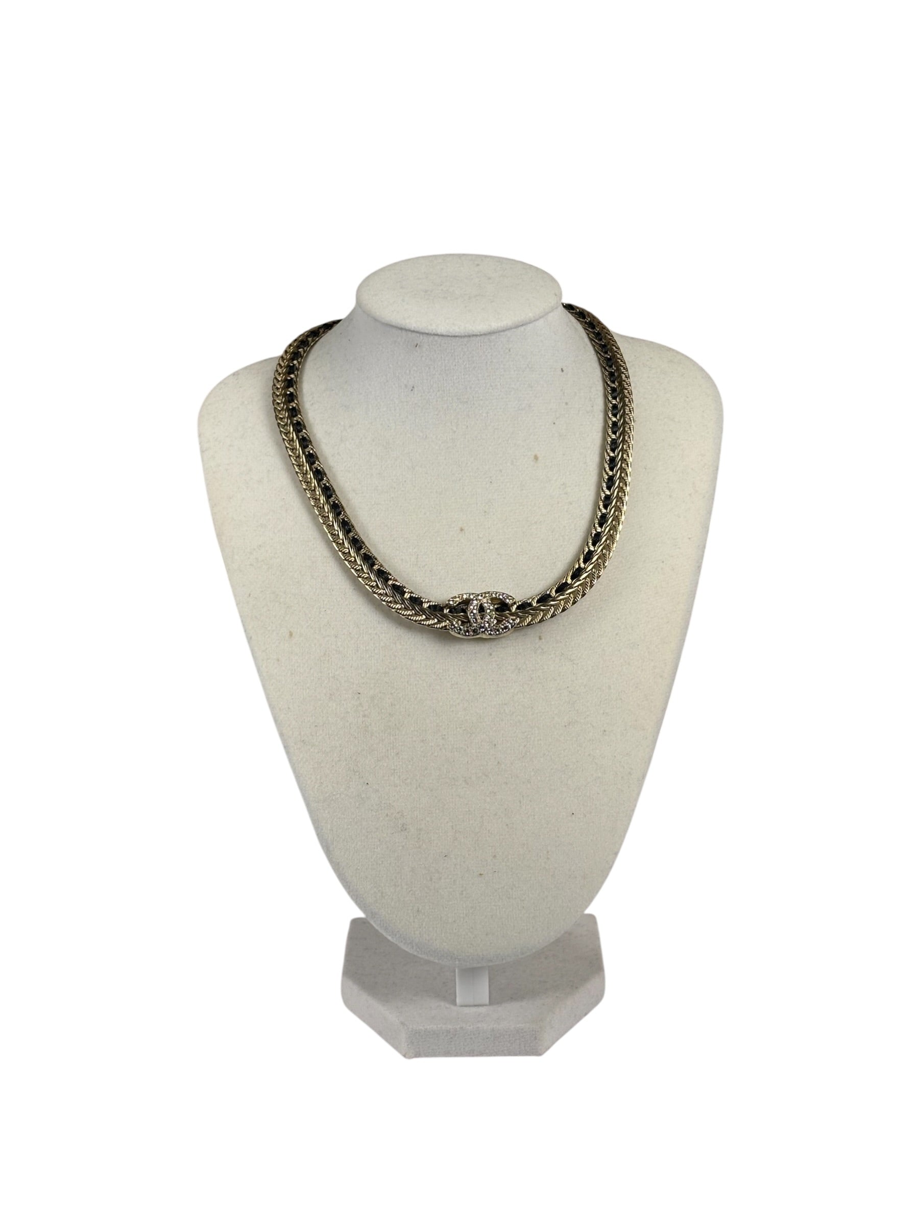 Chanel Black Leather Trim Gold-Tone Chain Choker 22S