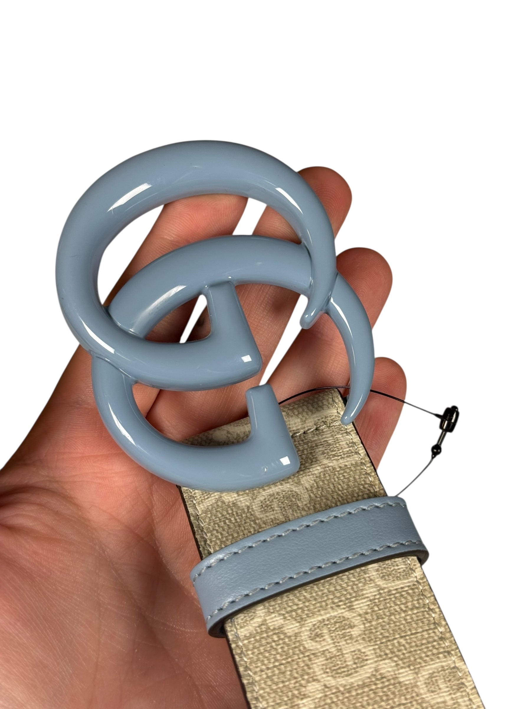 Gucci Belt GG Supreme White with Blue Buckle