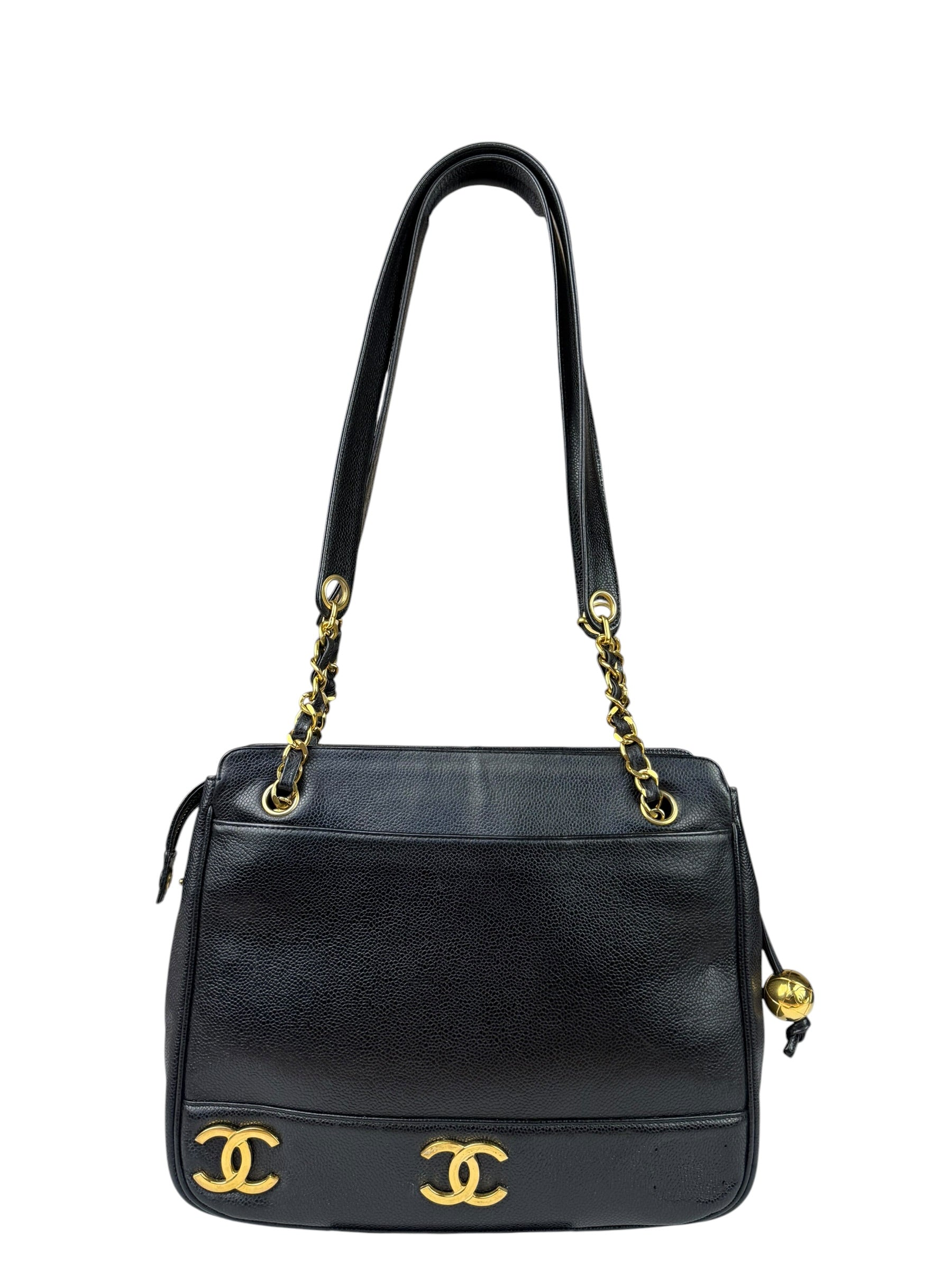 Chanel Vintage Black Caviar Leather Triple CC Chain Tote Bag