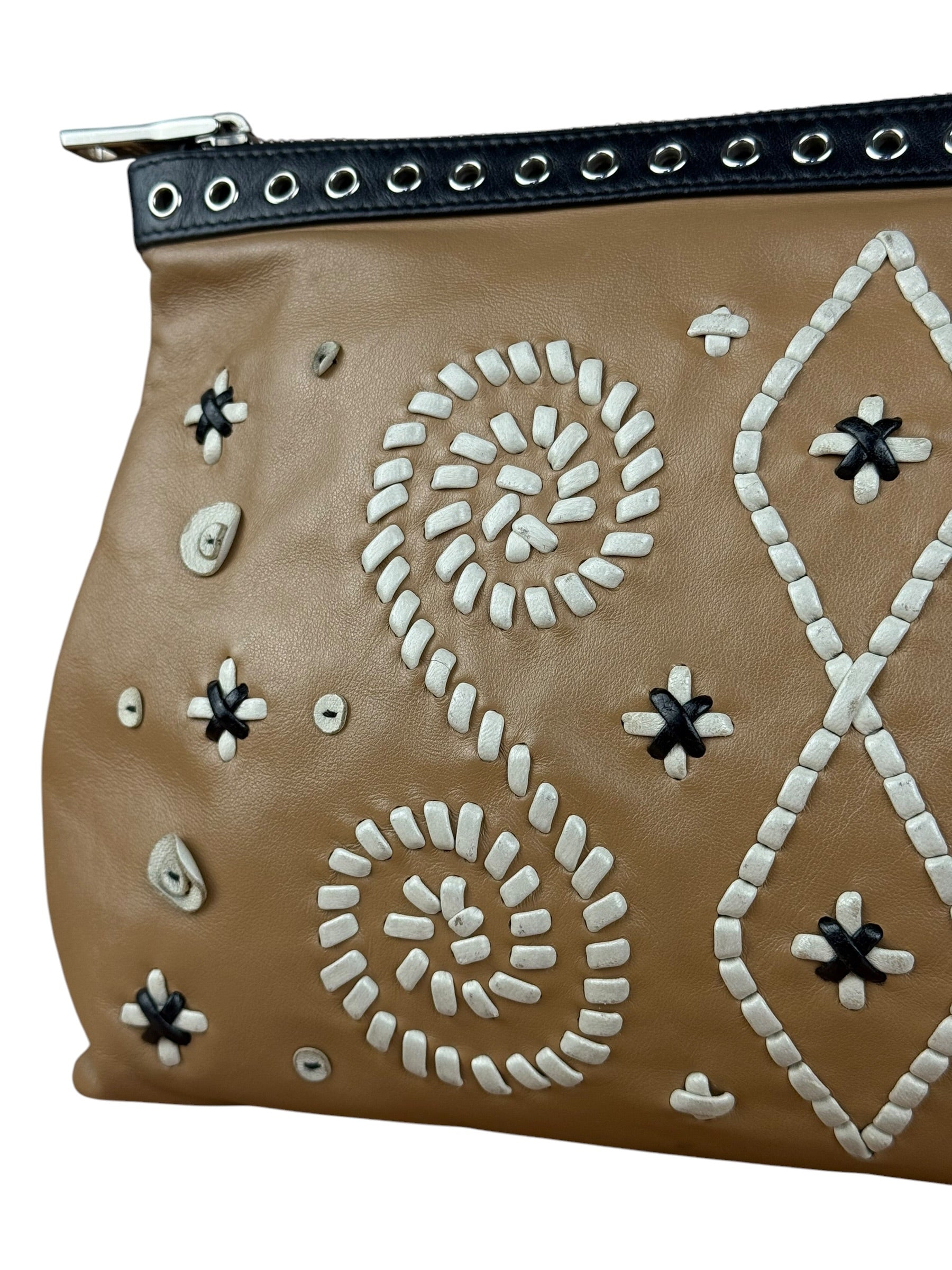 Prada Vintage Camel Leather Embroidery Clutch