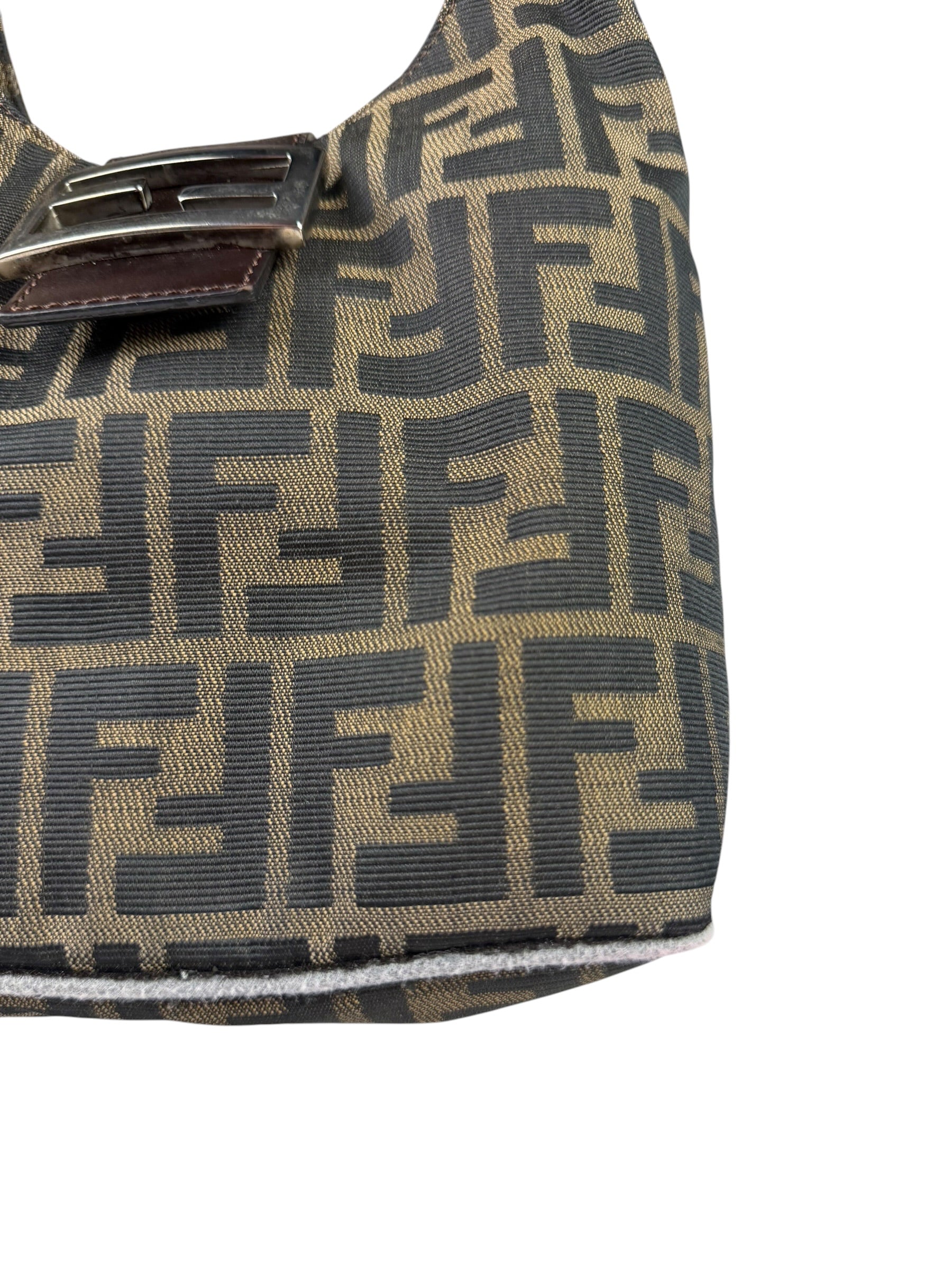 Fendi Brown Leather Trim Zucca Hobo Baguette