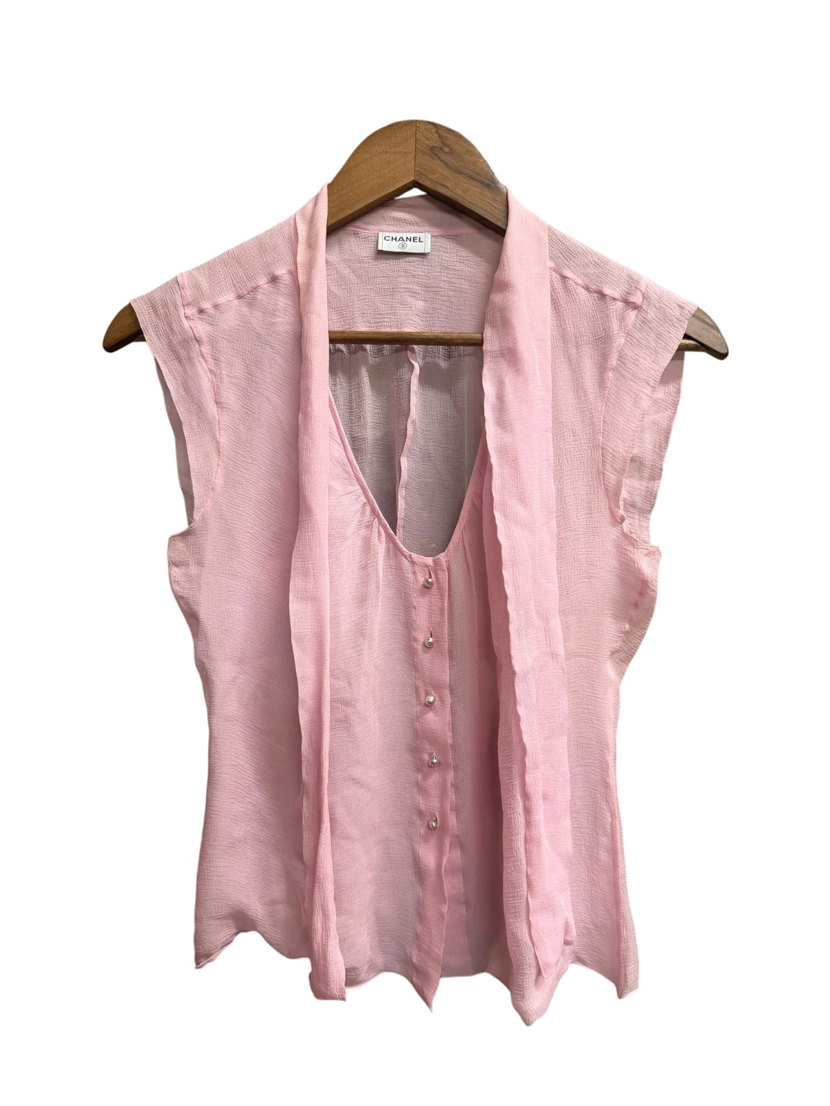 Vintage Chanel Faux Pearl Pink Sheer Silk Blouse