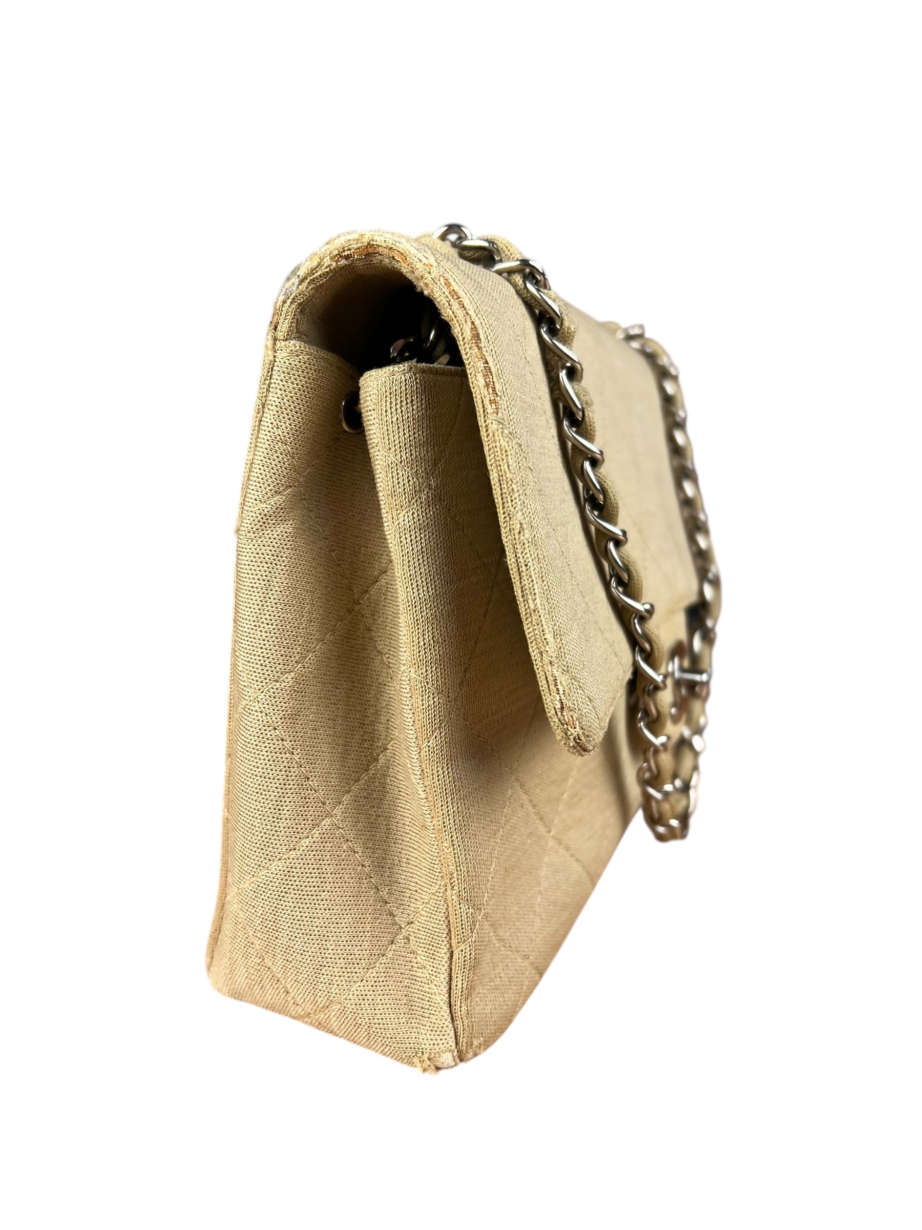 Chanel Vintage Beige Jersey Quilted Classic Flap Bag