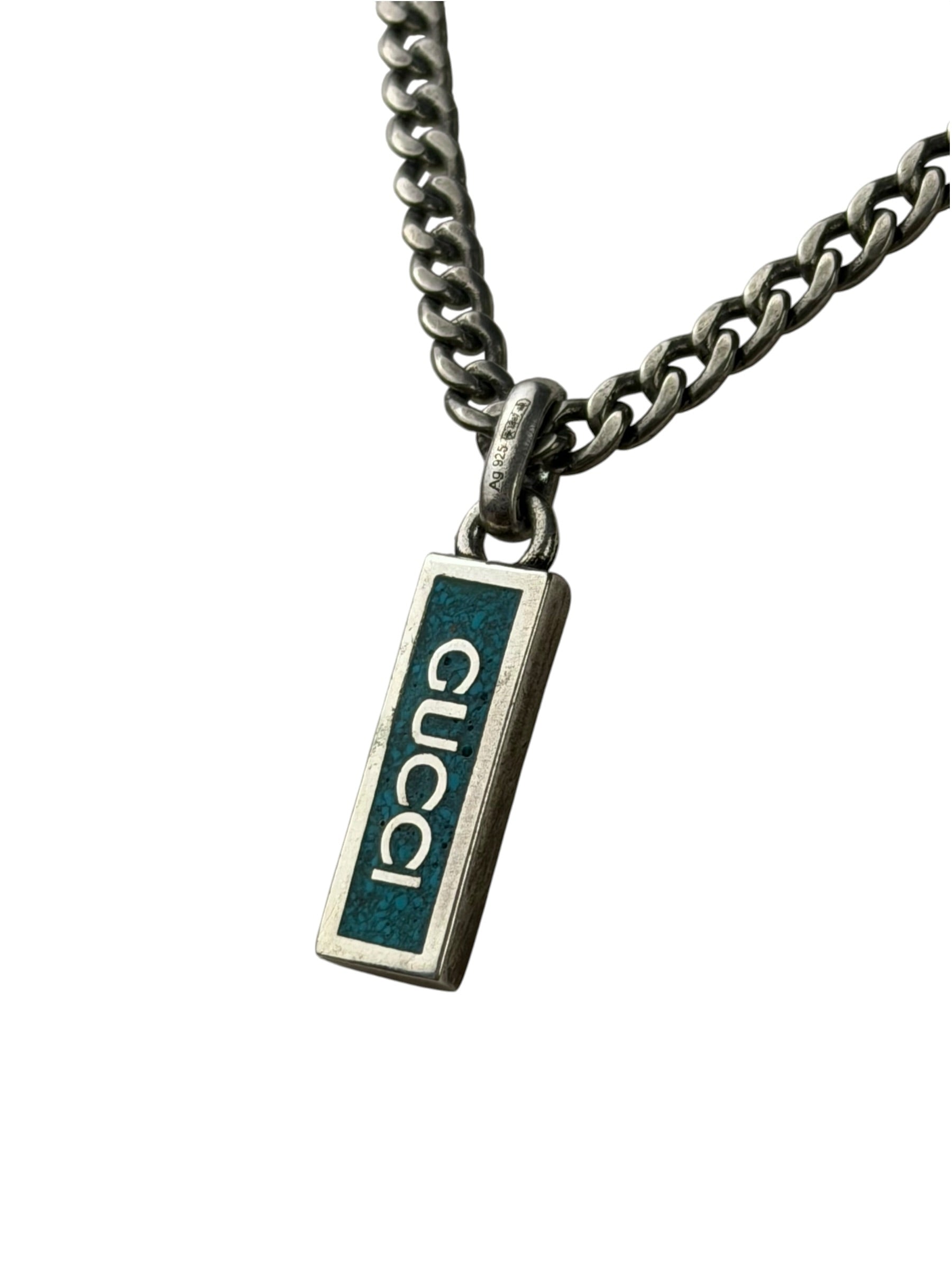 Gucci Sterling Silver Tag Turquoise Enamel Pendant Necklace