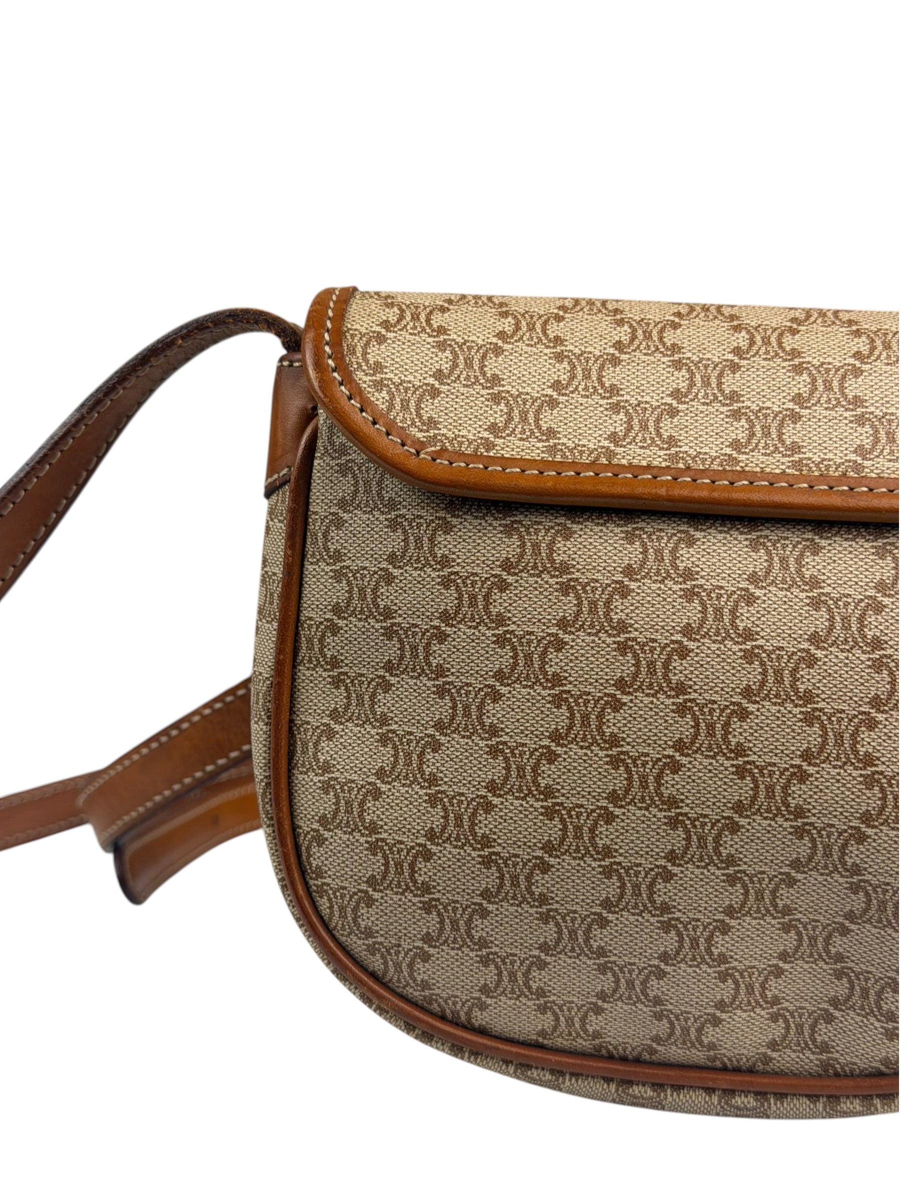 Celine Vintage Beige Leather Trim Macadam Mini Crossbody