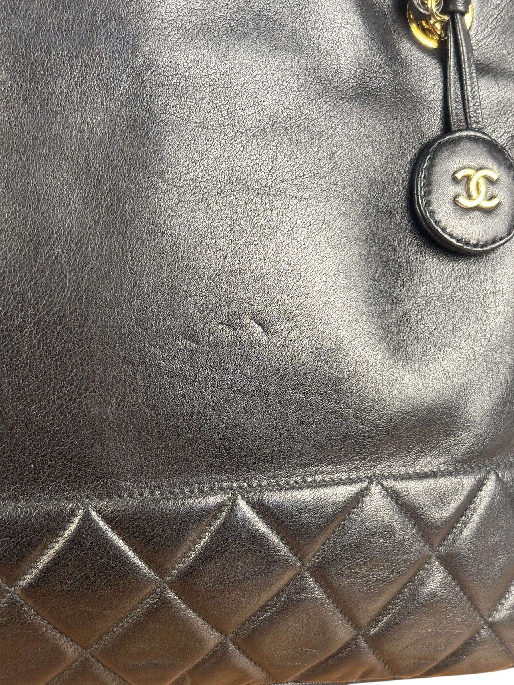 Chanel Vintage Black Leather Quilted Bottom Chain Tote Bag 1987