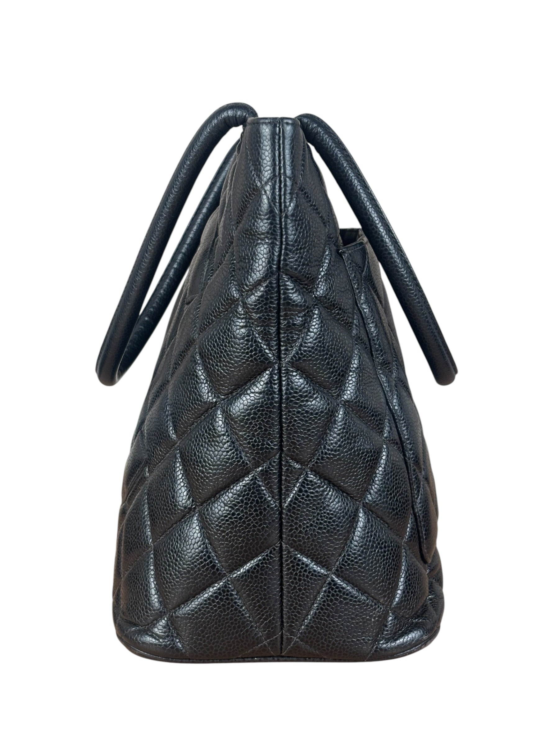 Chanel Vintage CC Black Quilted Caviar Leather Medallion Tote Bag 2002