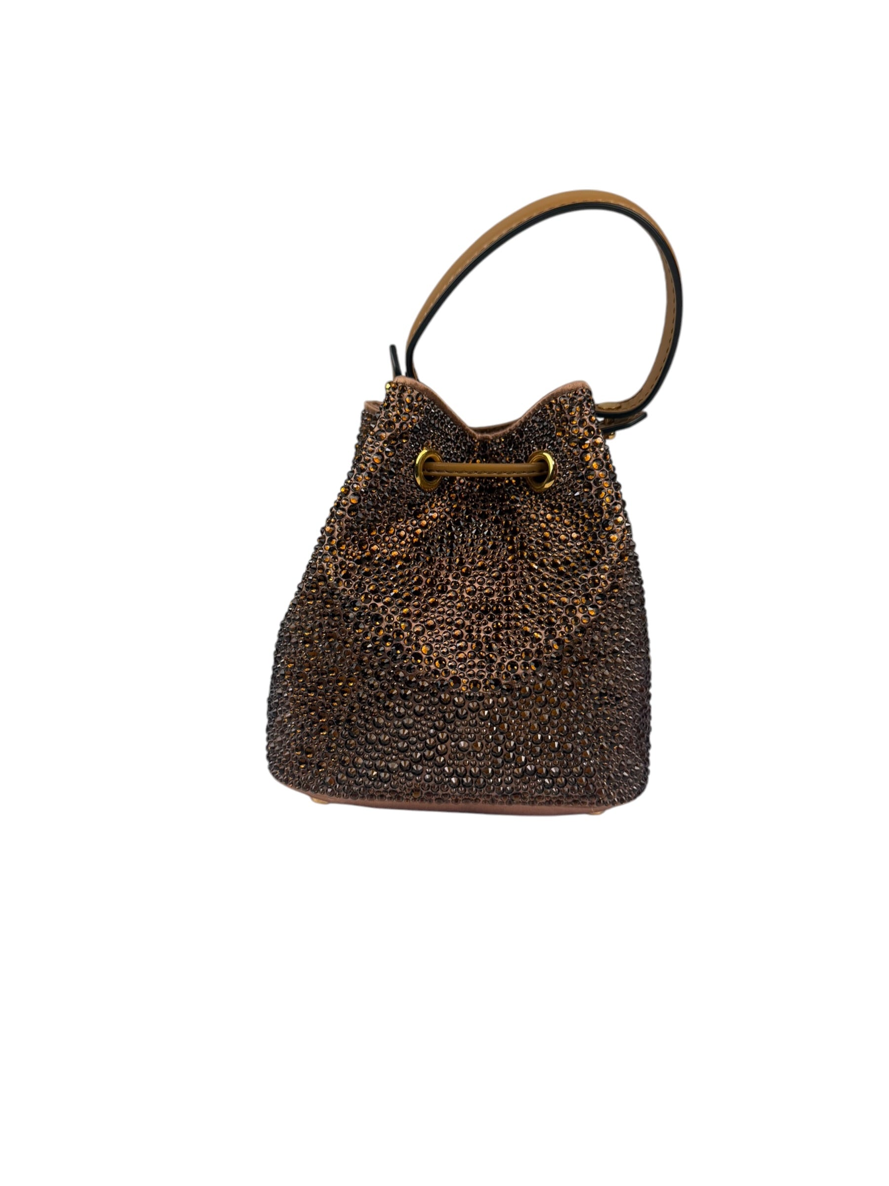 Versace La Medusa Brown Satin Crystal Embellished Mini Bucket Bag