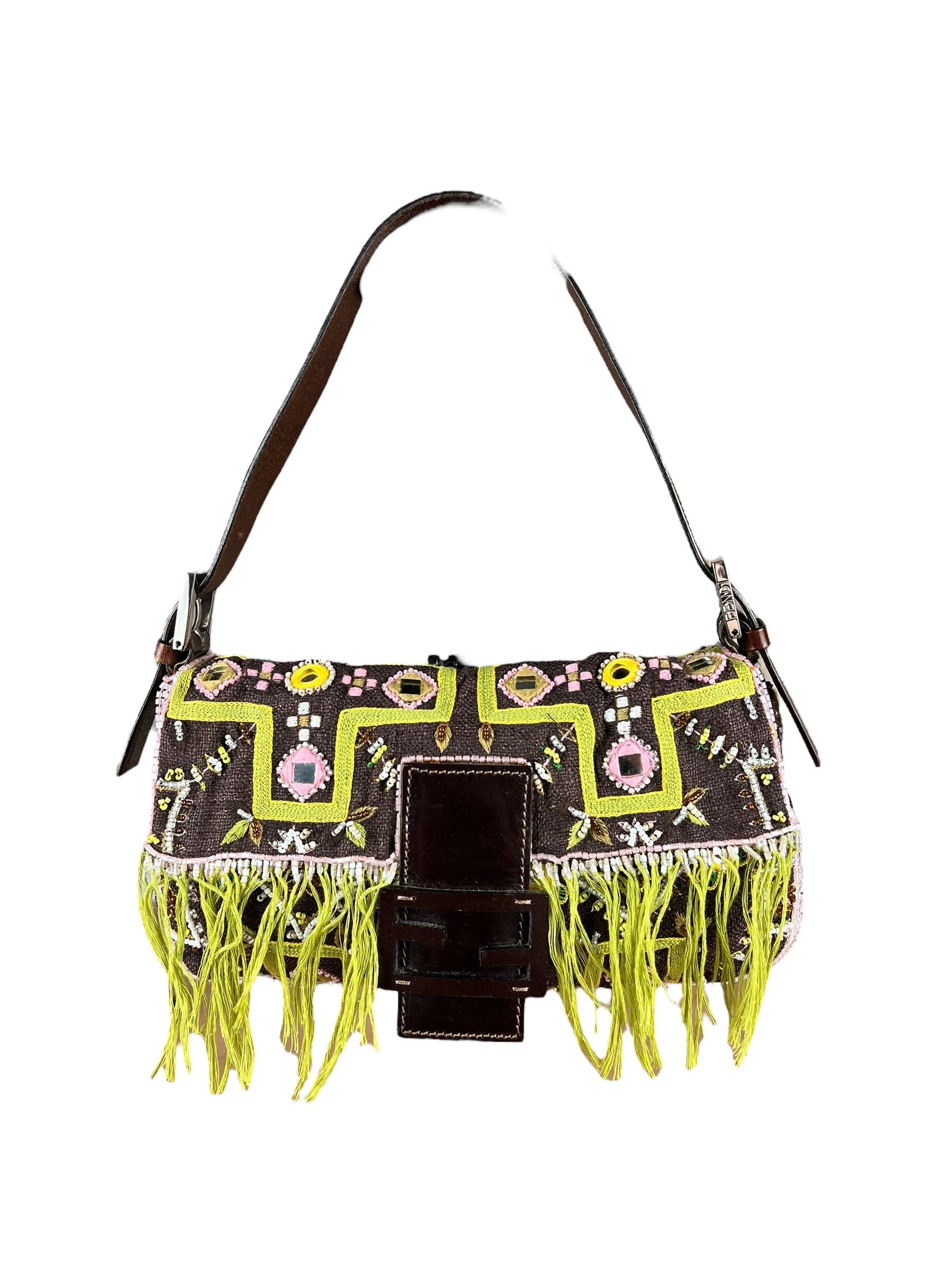 Fendi Canvas Baguette Dark Brown Beaded