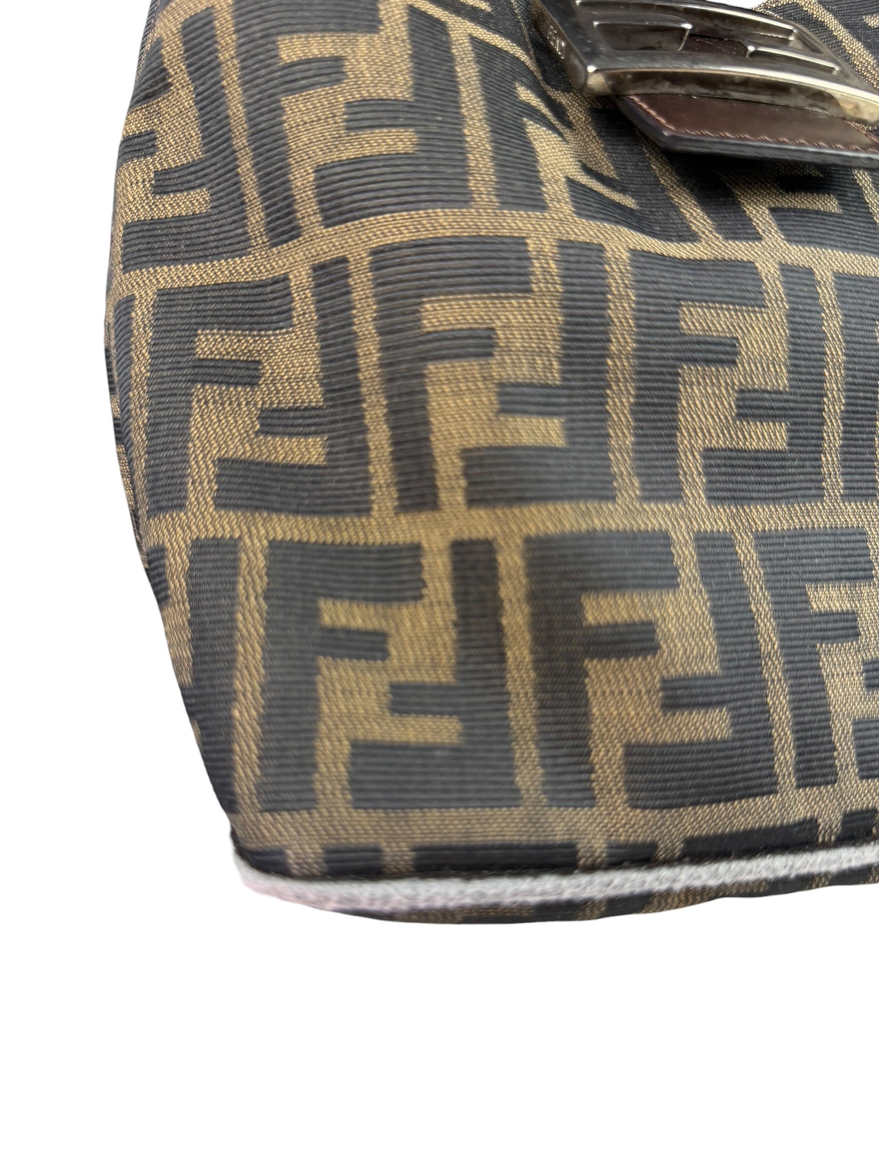 Fendi Brown Leather Trim Zucca Hobo Baguette