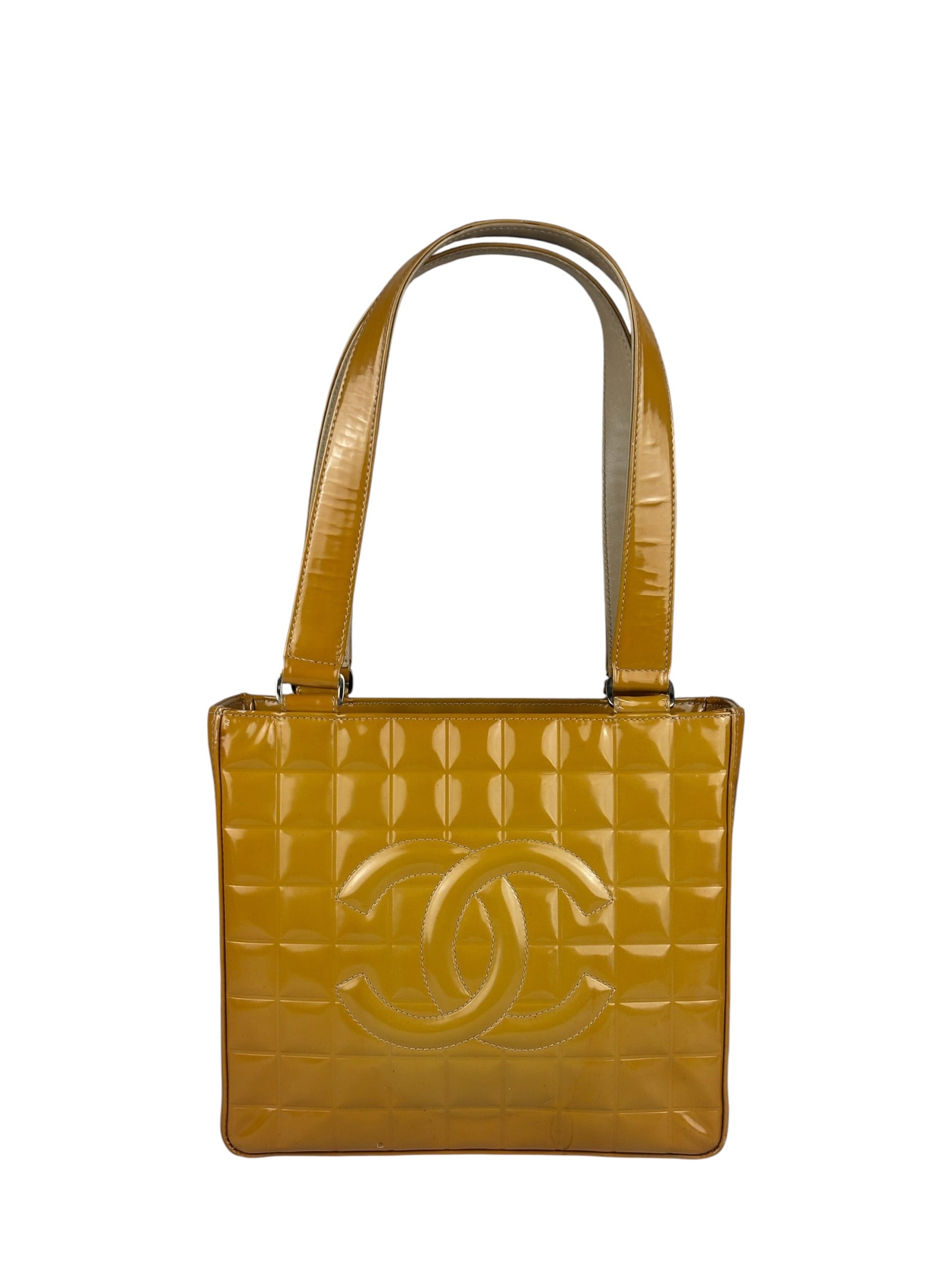 Chanel Vintage Yellow Leather Chocolate Bar Patent Tote Bag 2002