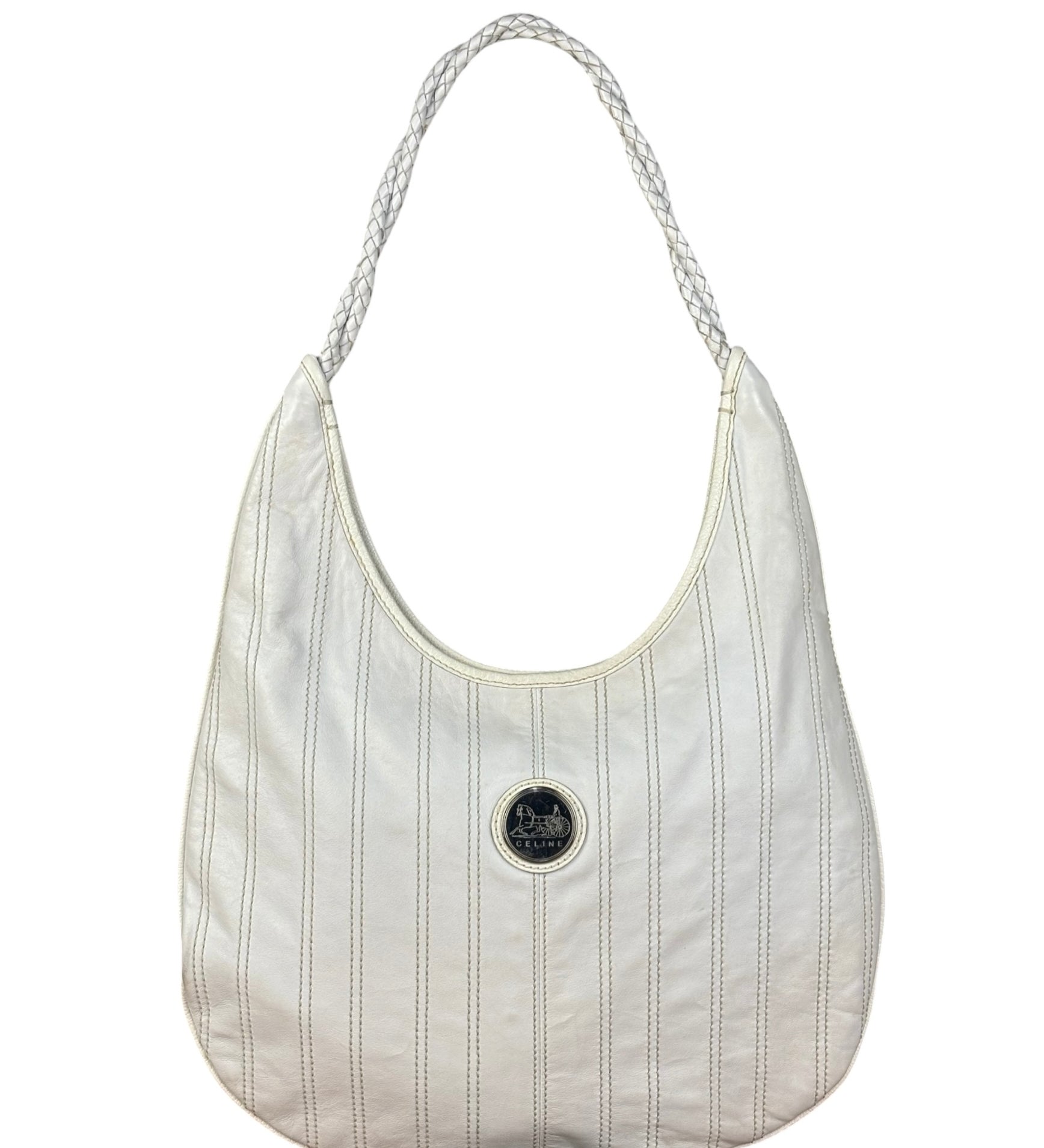 Celine Vintage White Leather Stitch Hobo Shoulder Bag