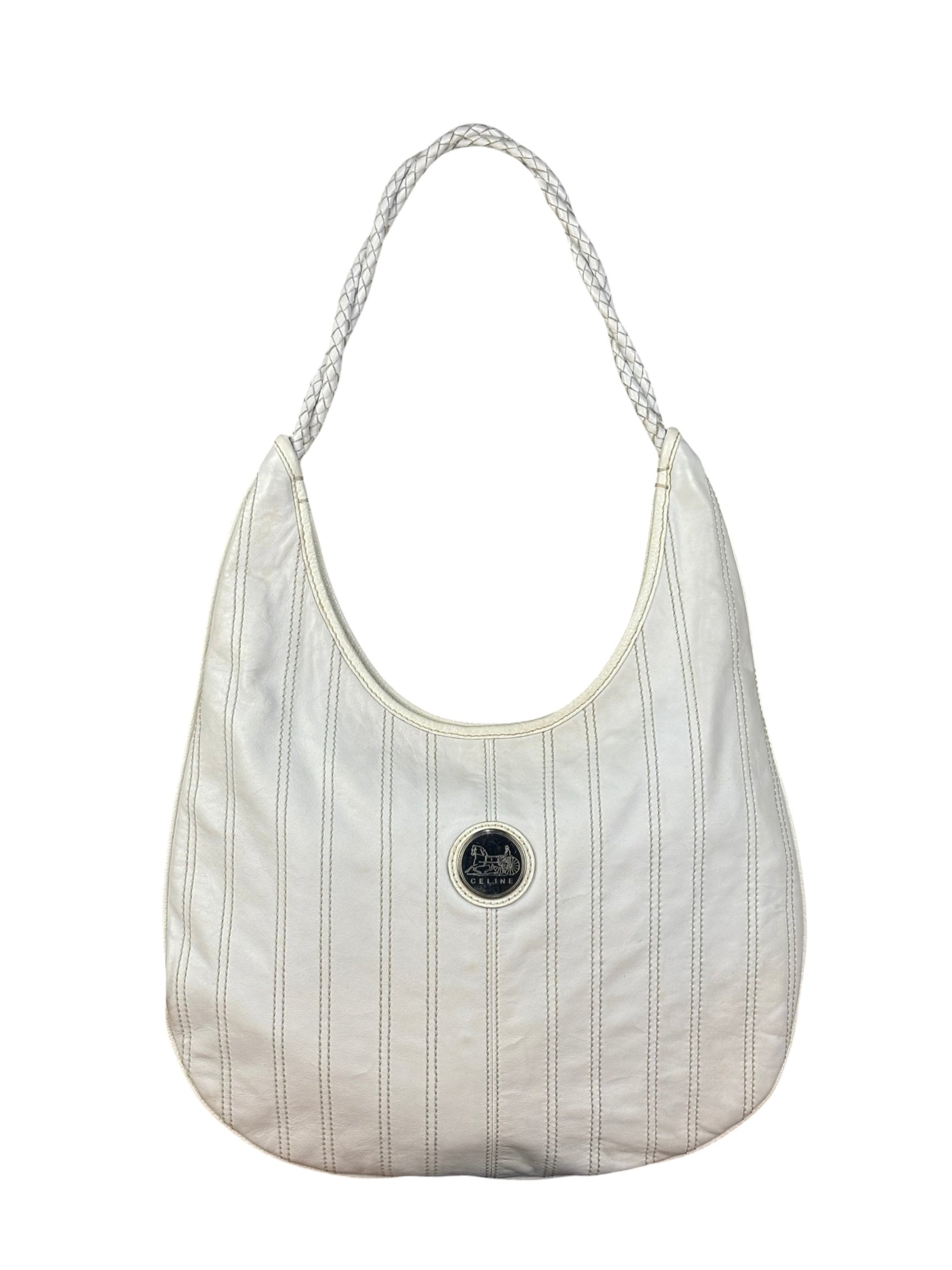 Celine Vintage White Leather Stitch Hobo Shoulder Bag