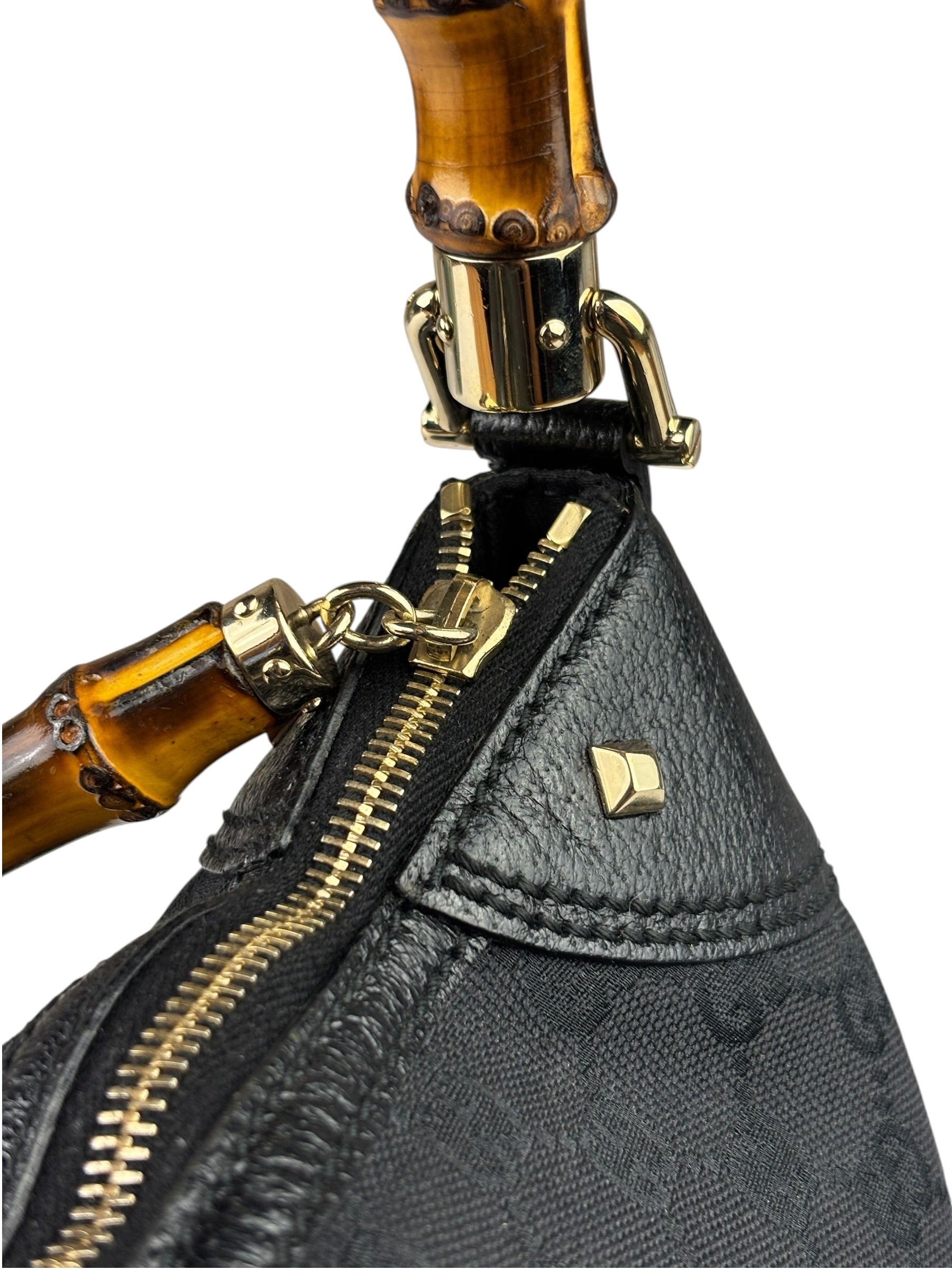Gucci Black Leather Trim Bamboo Handle Hobo Bag