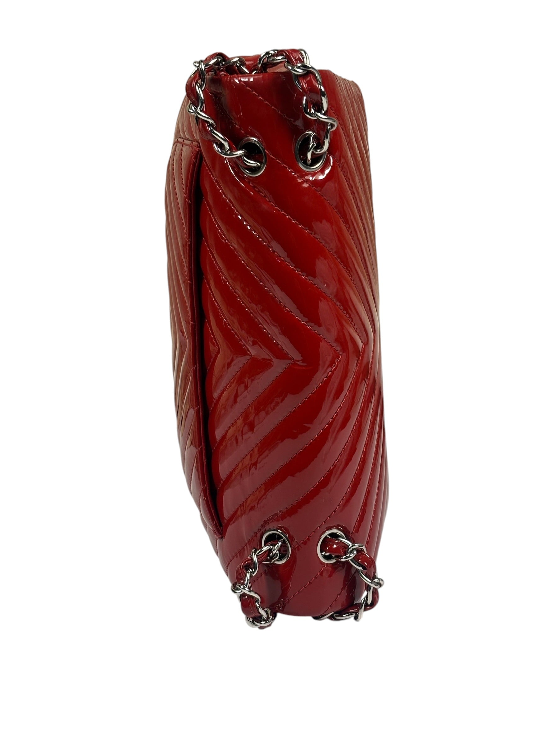 Chanel Red Patent Leather Chevron Jumbo Flap Bag 2009