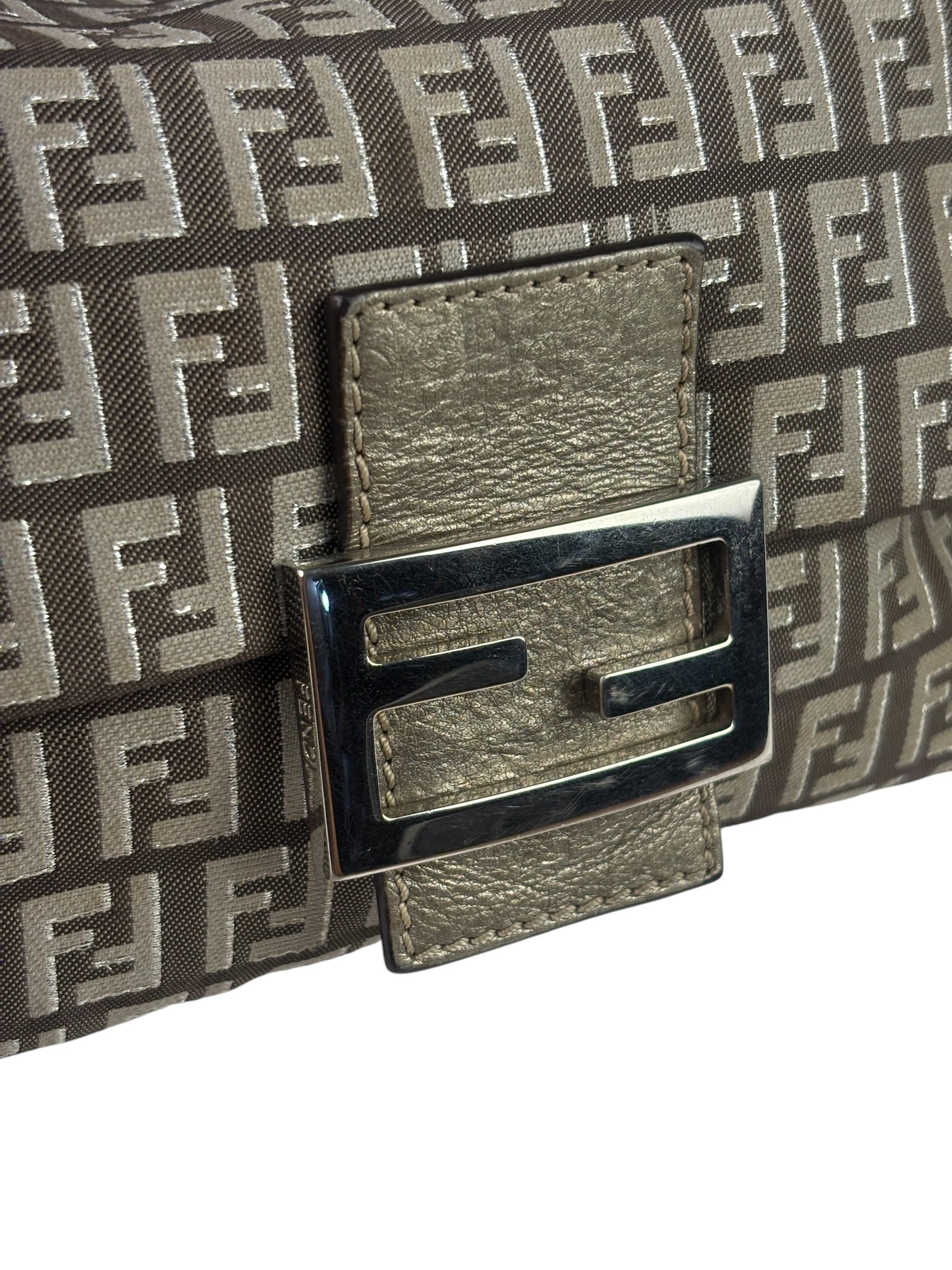 Fendi Brown/Metallic Gold Leather Trim Zucca Baguette