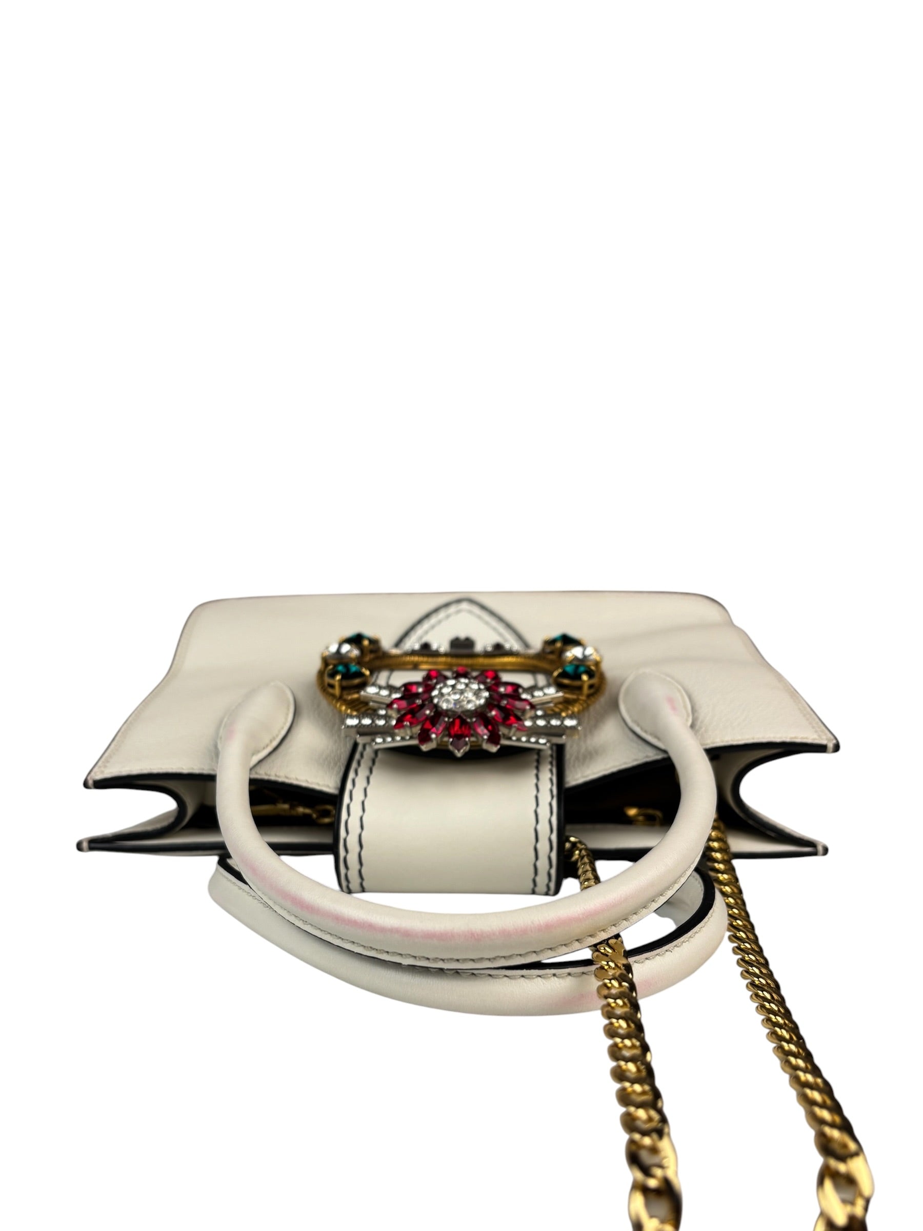 Miu Miu White Madras Ornate Crystal Jeweled Buckle Two-Way Bag