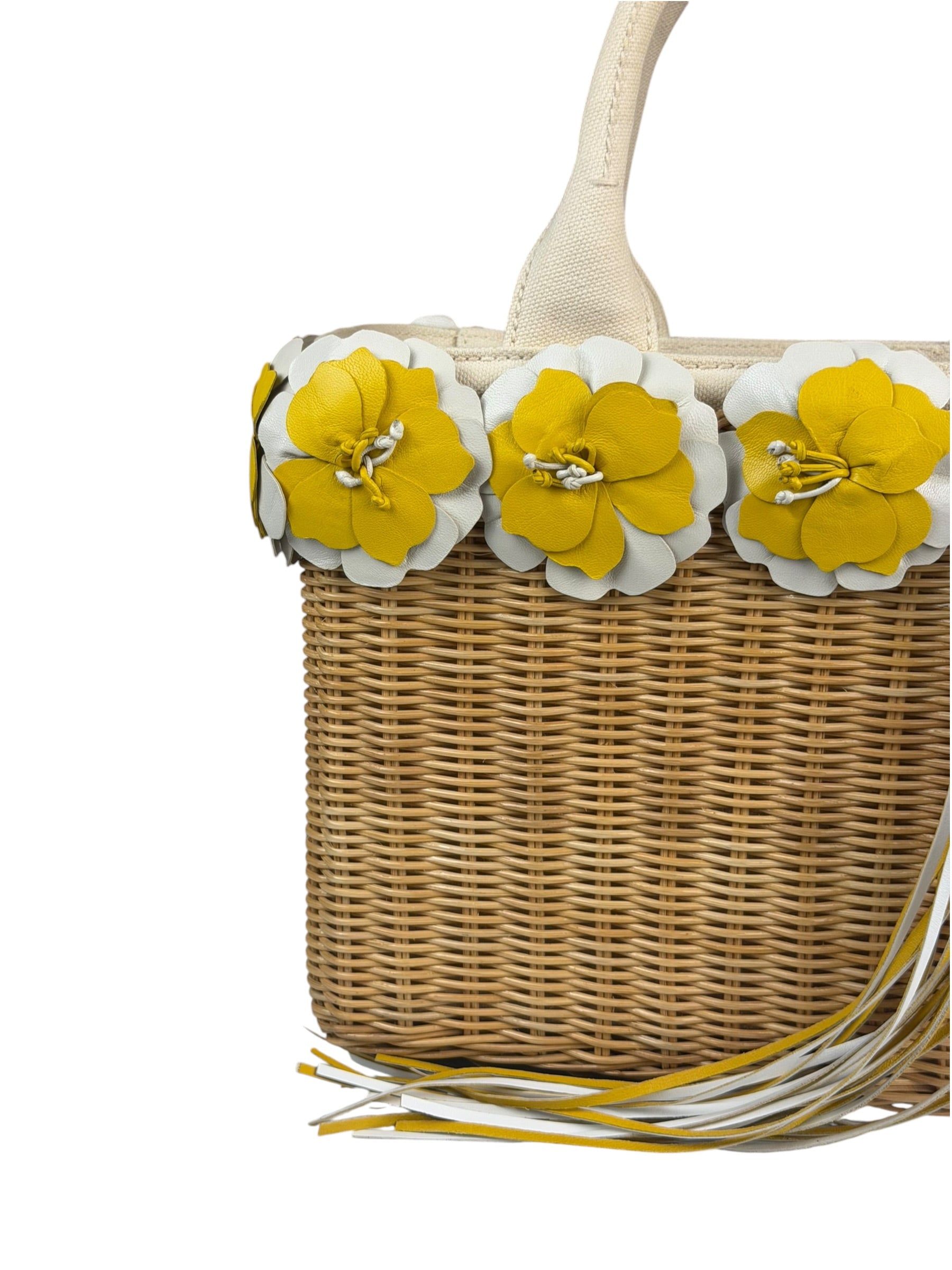 Prada Midollino Leather Trim Wicker Canvas Flower Basket