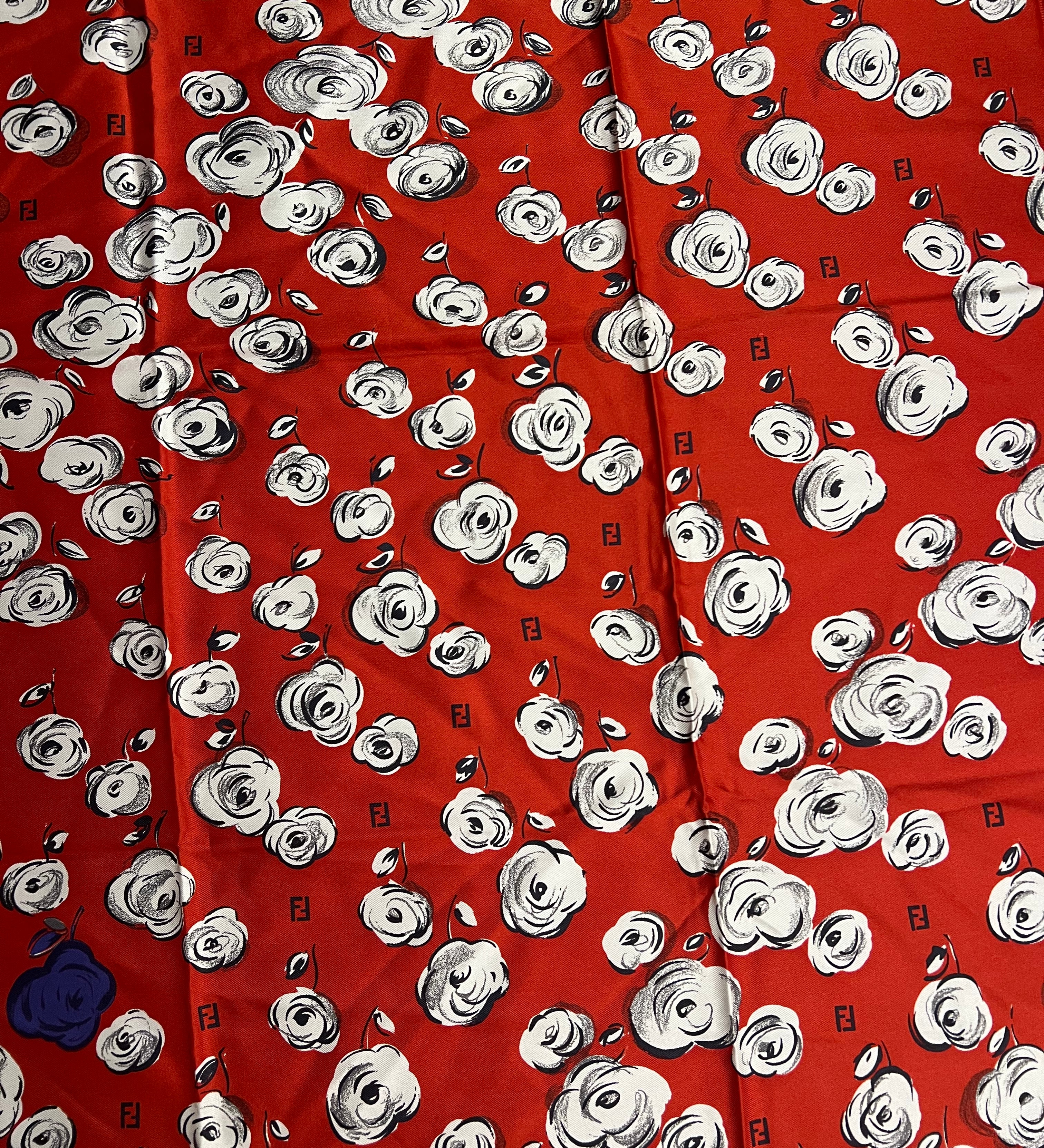 Fendi Red Rose Patterned Silk Scarf
