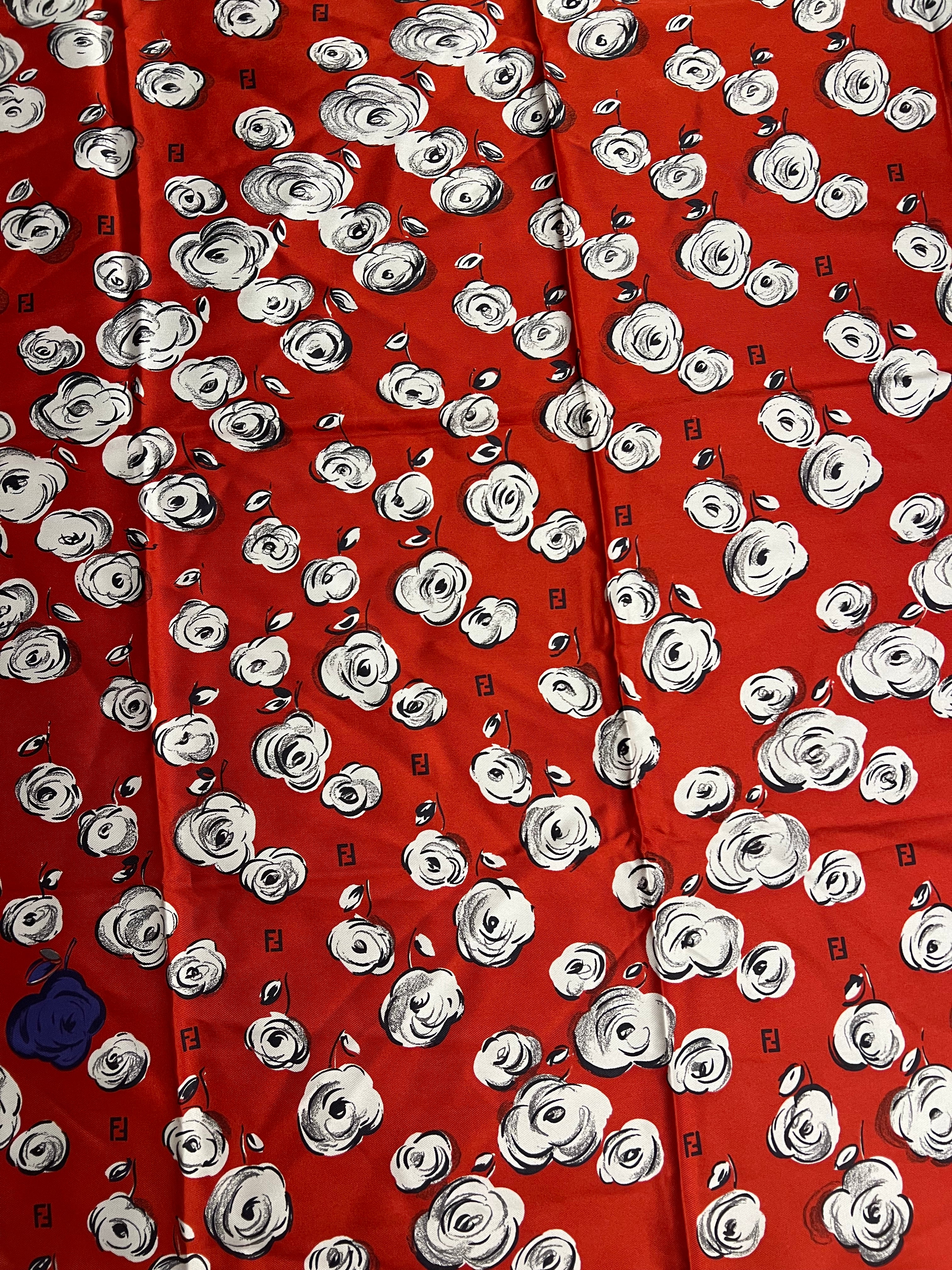Fendi Red Rose Patterned Silk Scarf