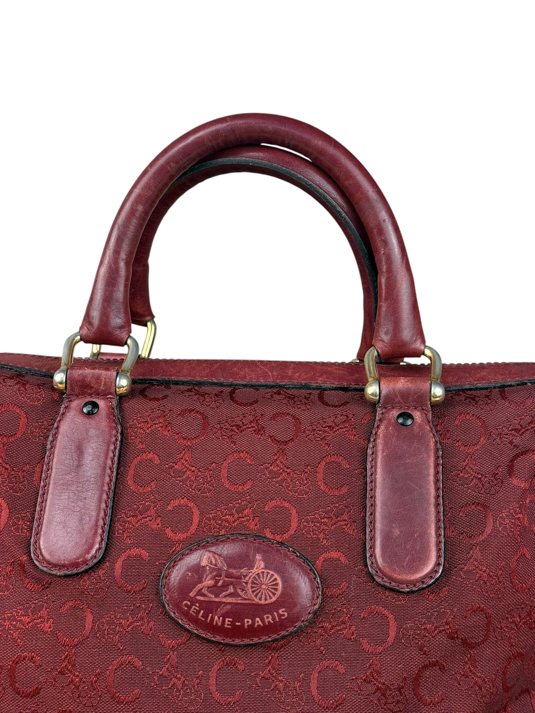 Celine Vintage Burgundy Macadam Print Mini Boston Handbag