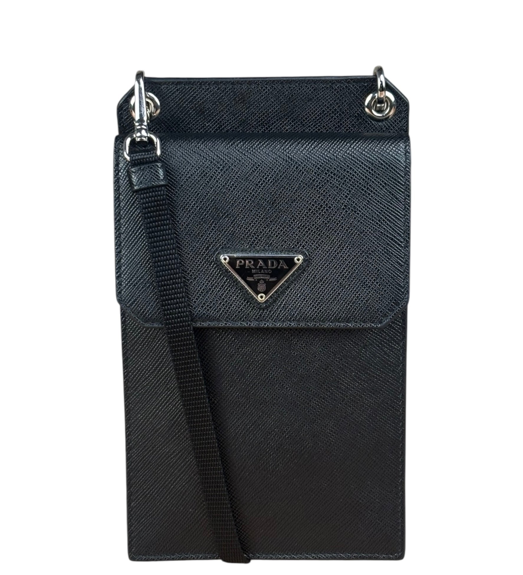 Prada Black Leather Saffiano Phone Holder