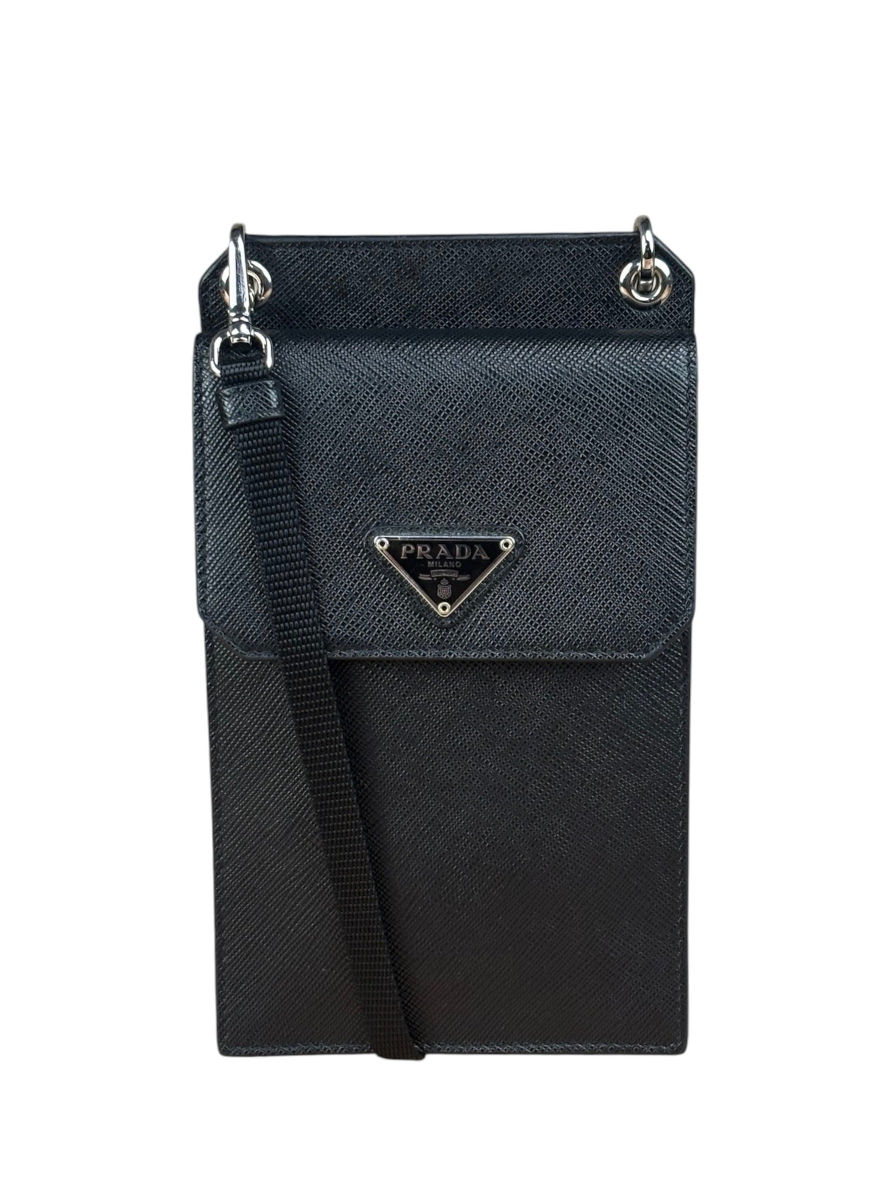 Prada Black Leather Saffiano Phone Holder