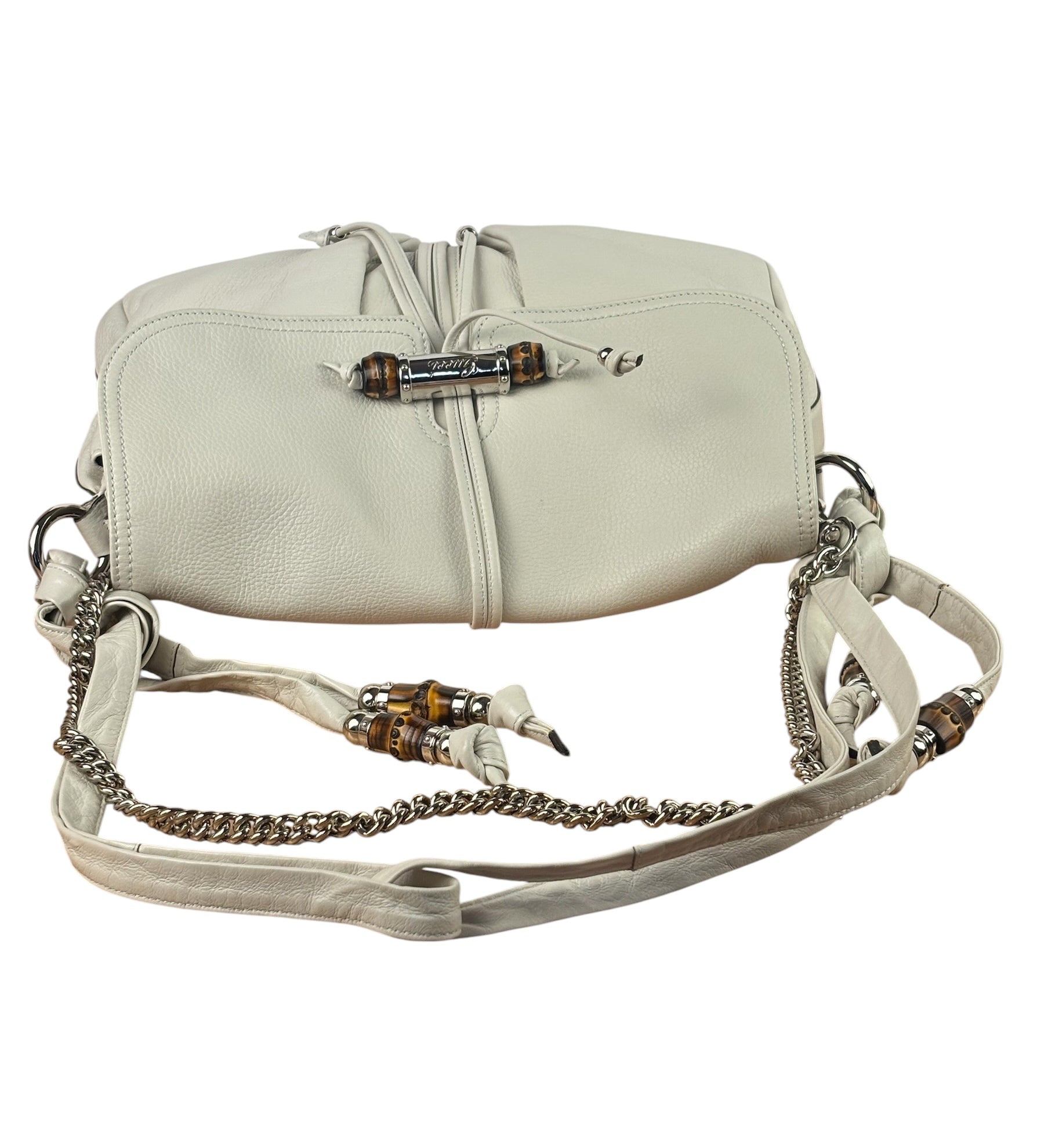 Gucci White Leather Bamboo Jungle Shoulder Bag
