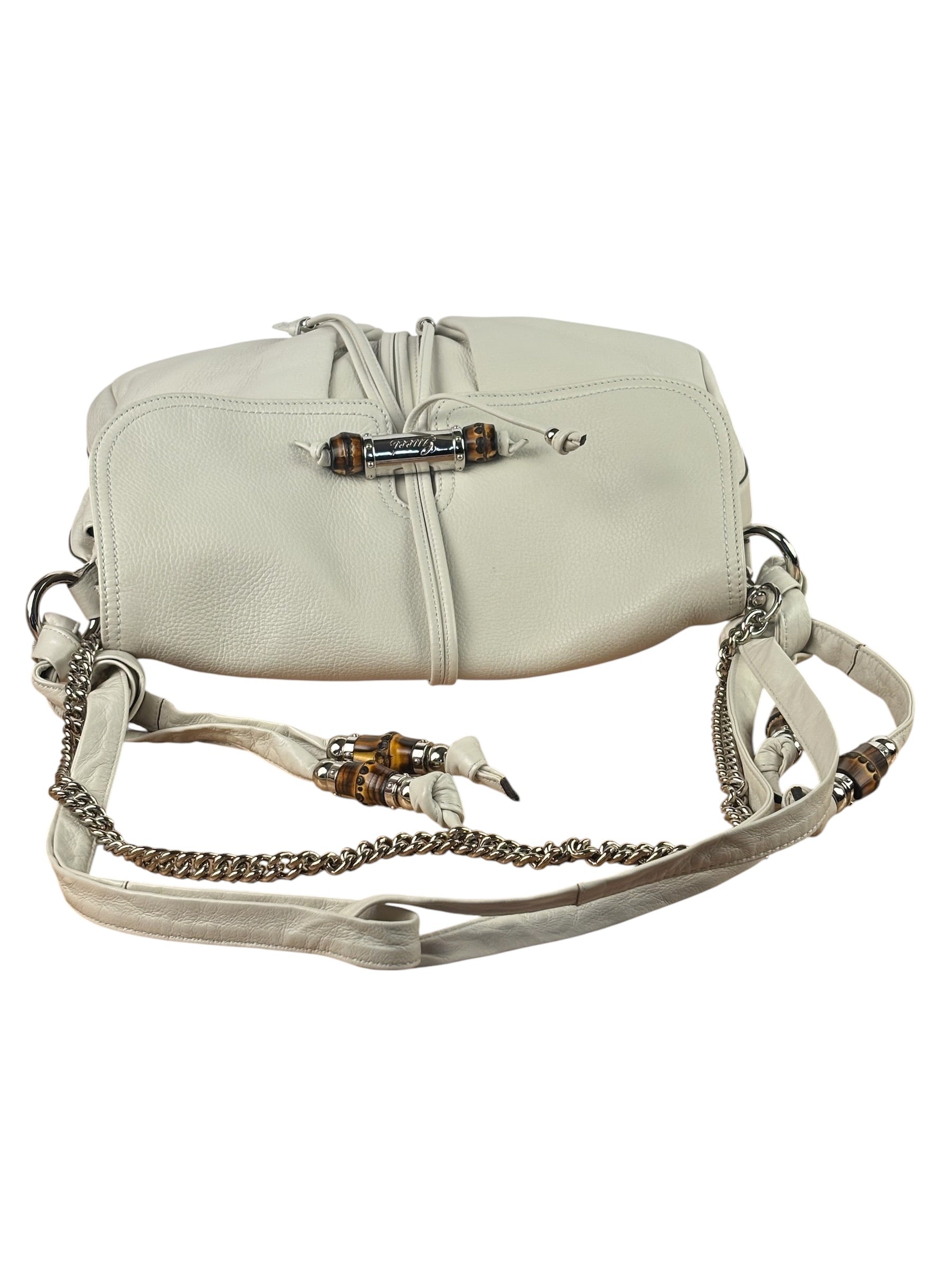 Gucci White Leather Bamboo Jungle Shoulder Bag