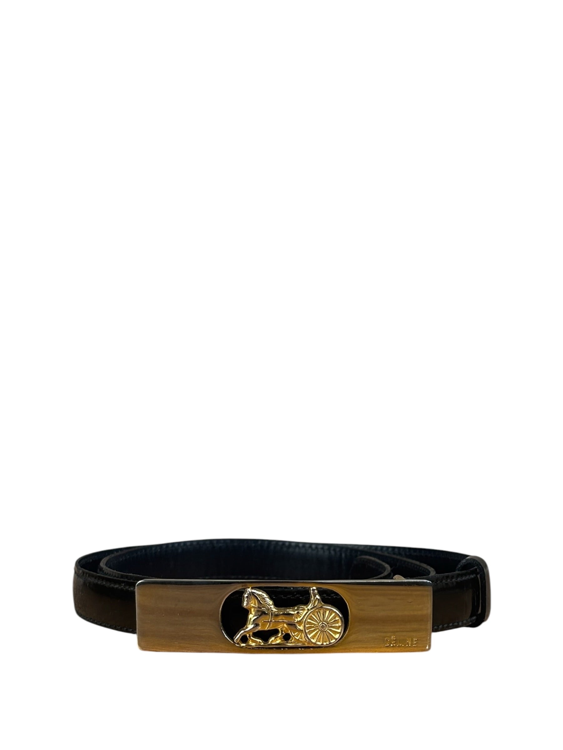 Celine Vintage Black Leather Horse Carriage Rectangular Plate Buckle Belt