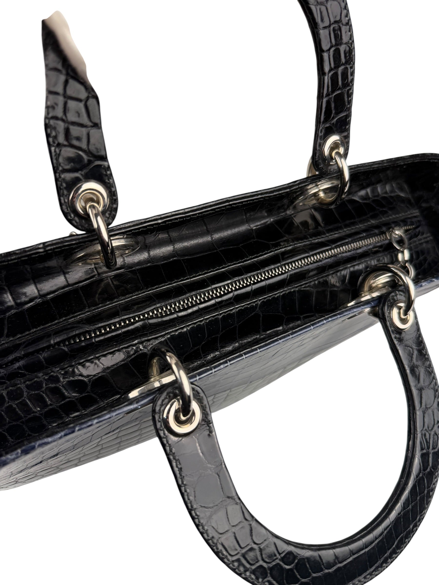 Christian Dior Rare Black/Navy Croc Embossed Lady Dior Handbag