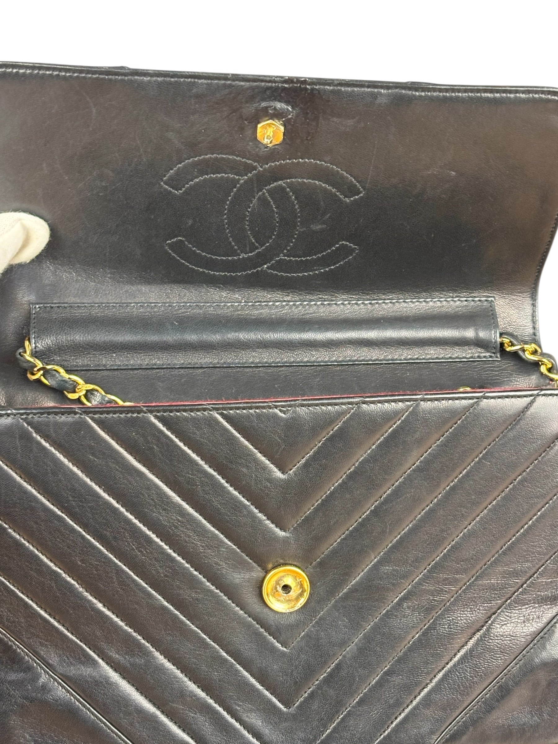 Chanel Vintage Black Chevron Flap Shoulder Bag- Late 1990's