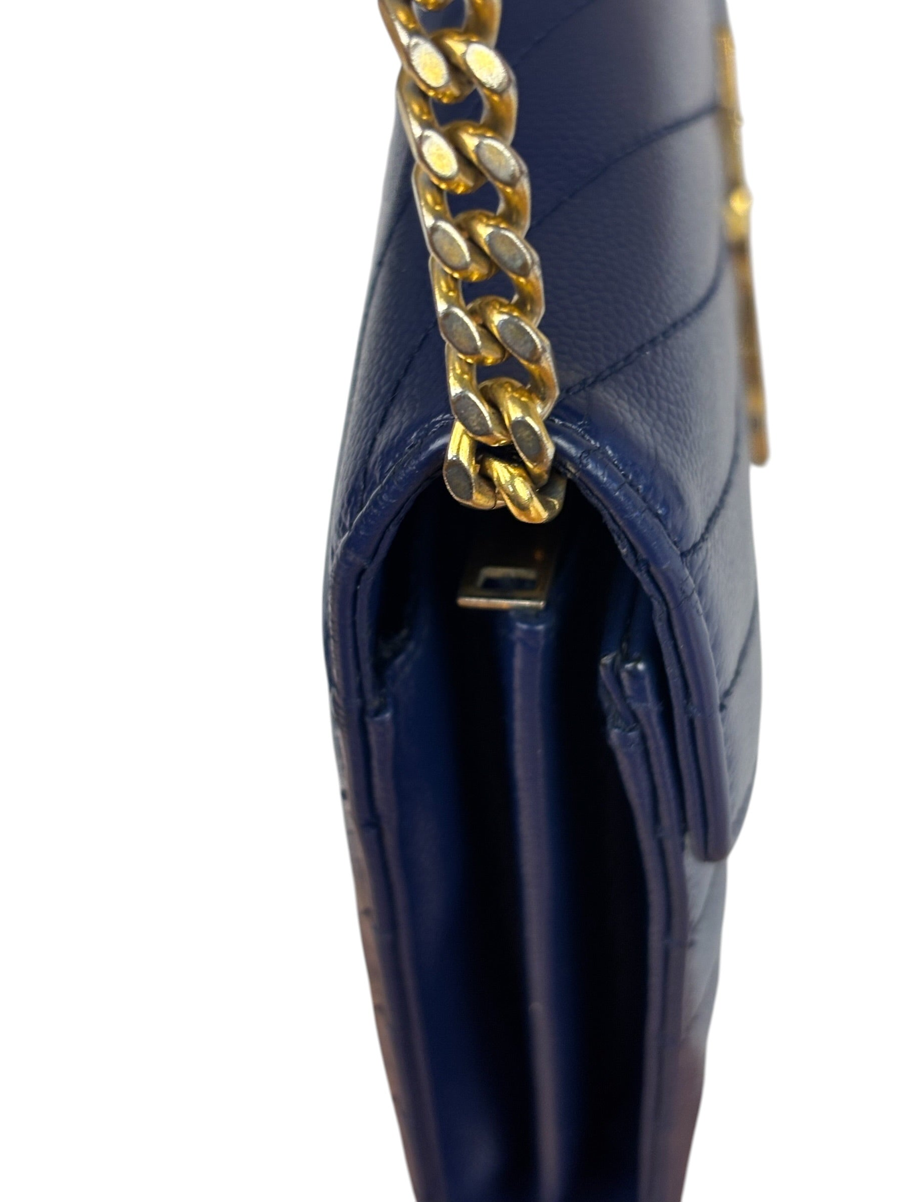 YSL Navy Blue Chevron Leather Cassandre Envelope Wallet On Chain