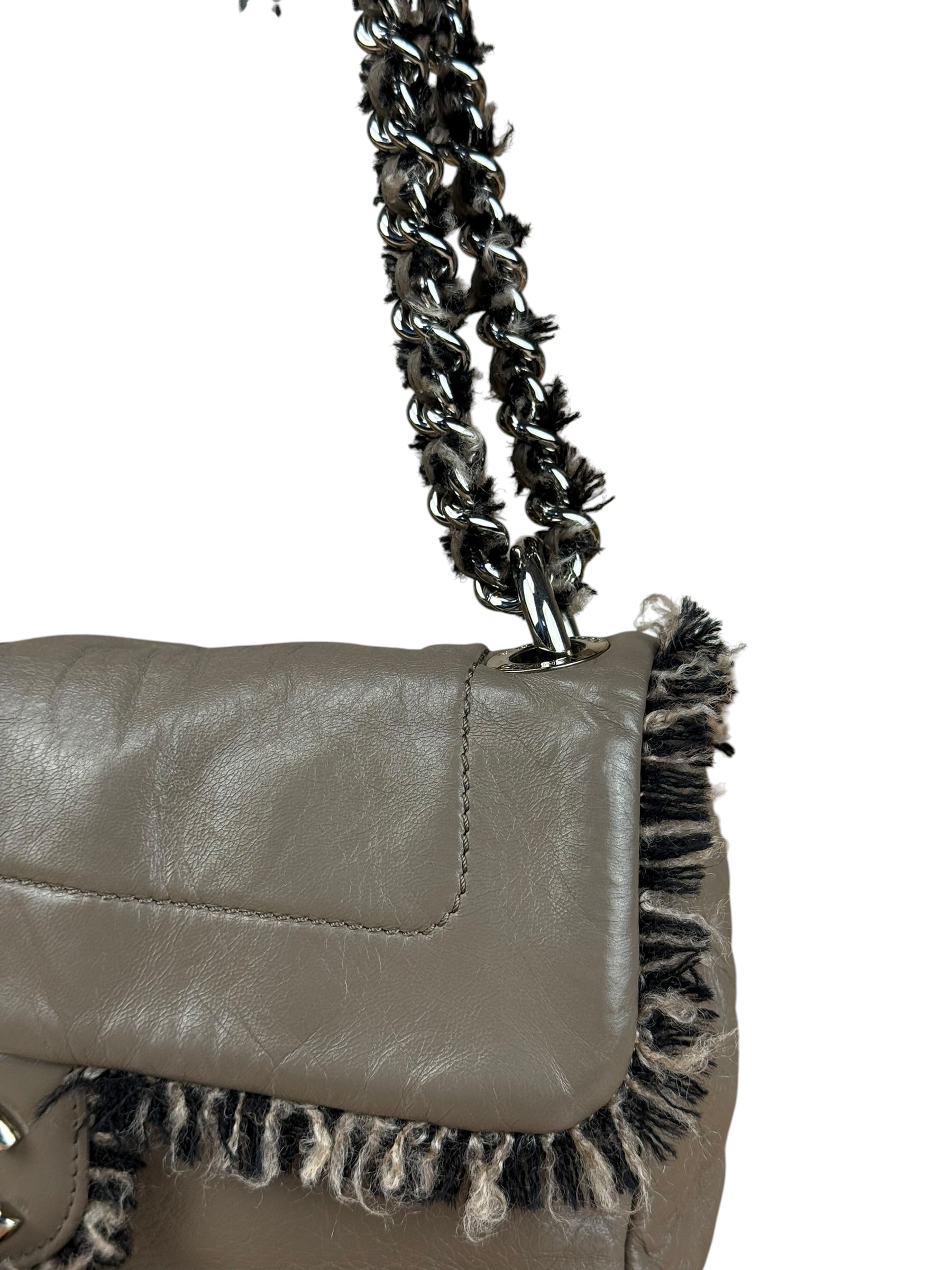 Chanel Taupe Leather Funny Tweed Fringe Flap Bag 2010