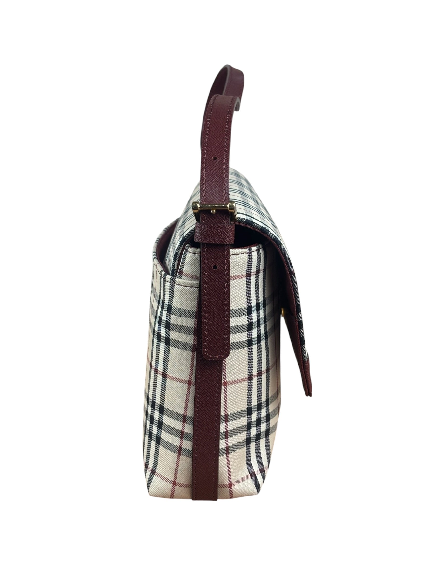 Burberry Burgundy Leather Trim House Check Shoulder Bag