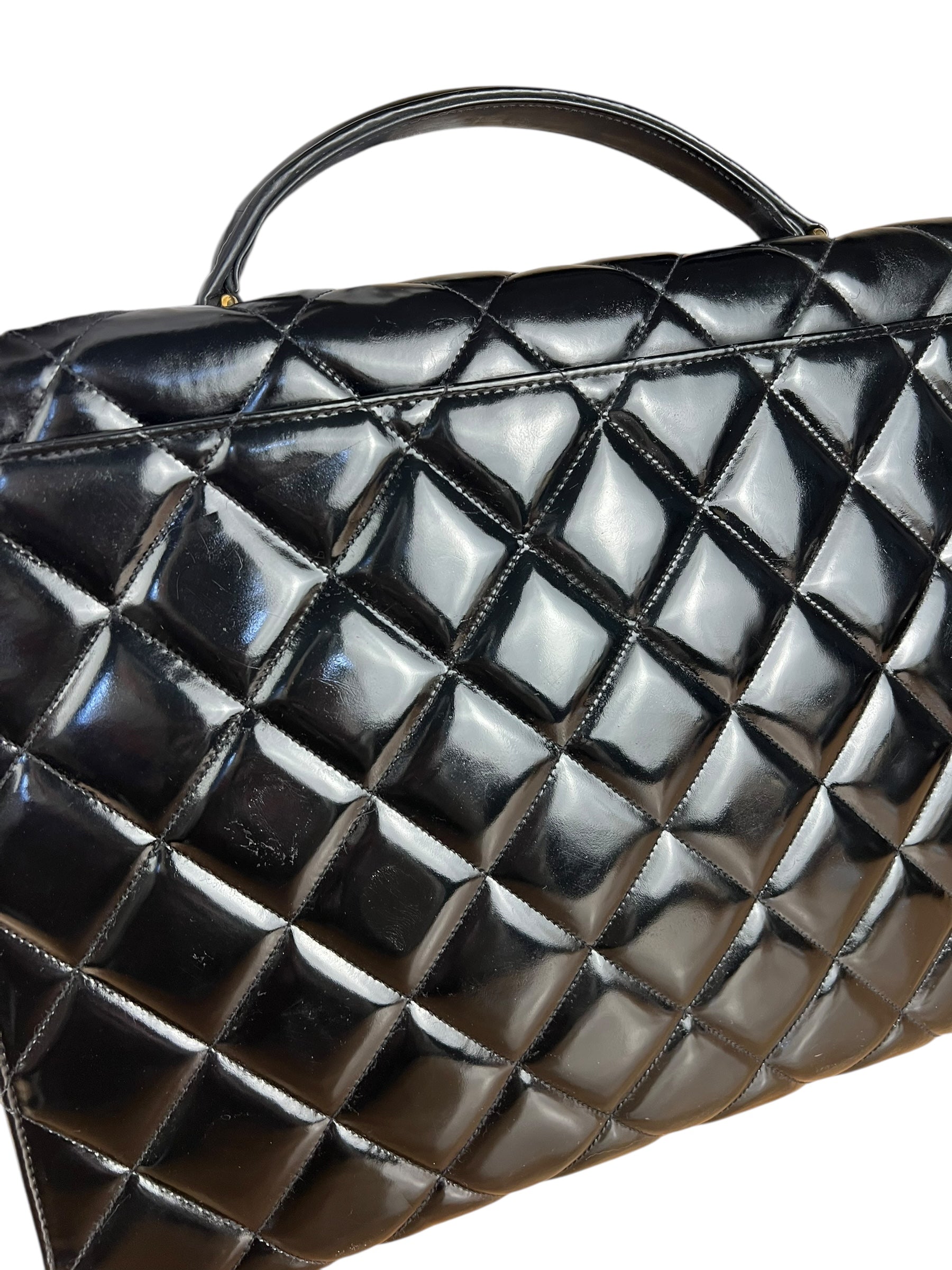 Chanel CC Black Patent Quilted Flap Briefcase Handbag '95