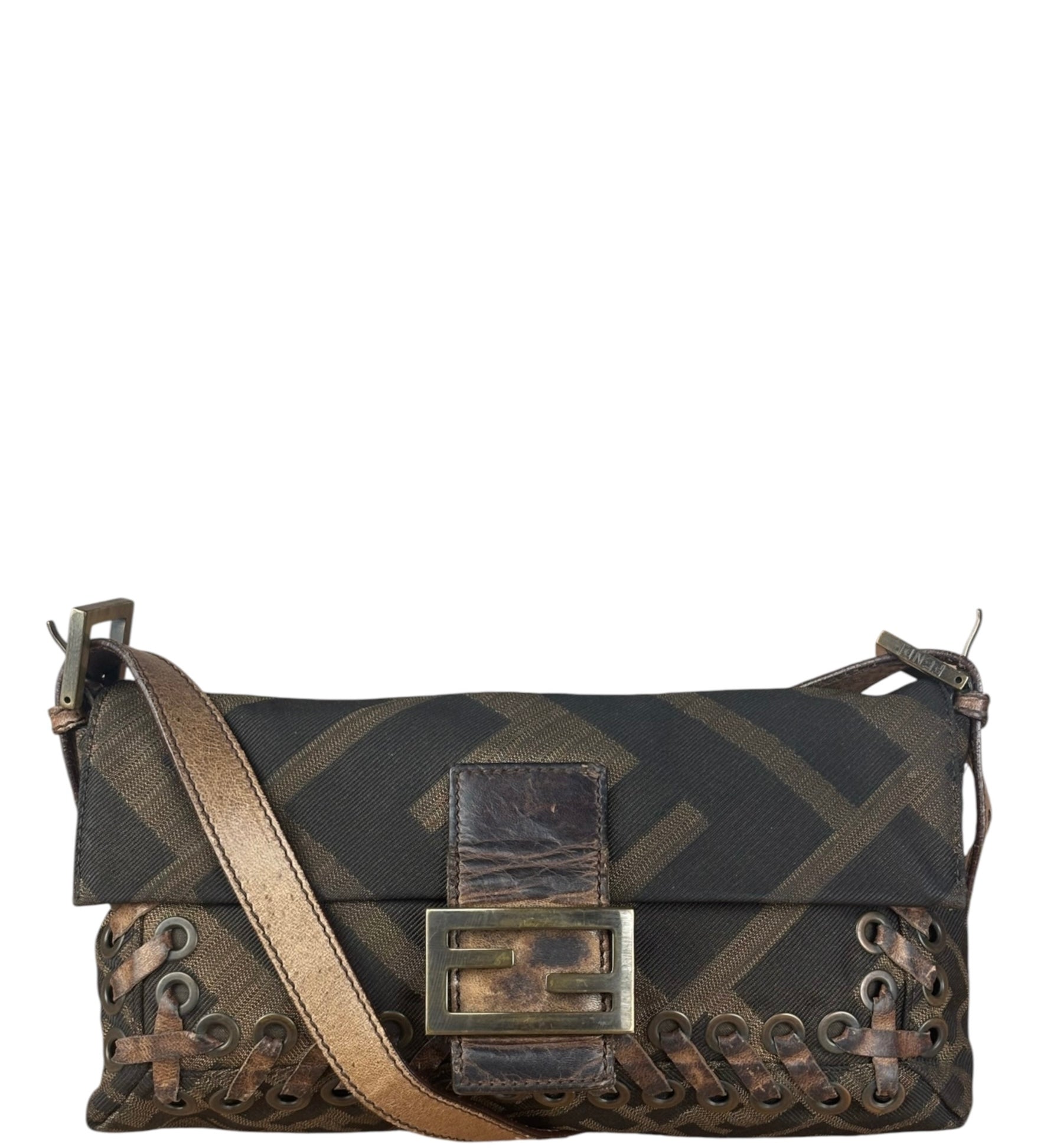 Fendi Zucca Whipstitch Baguette Shoulder Bag