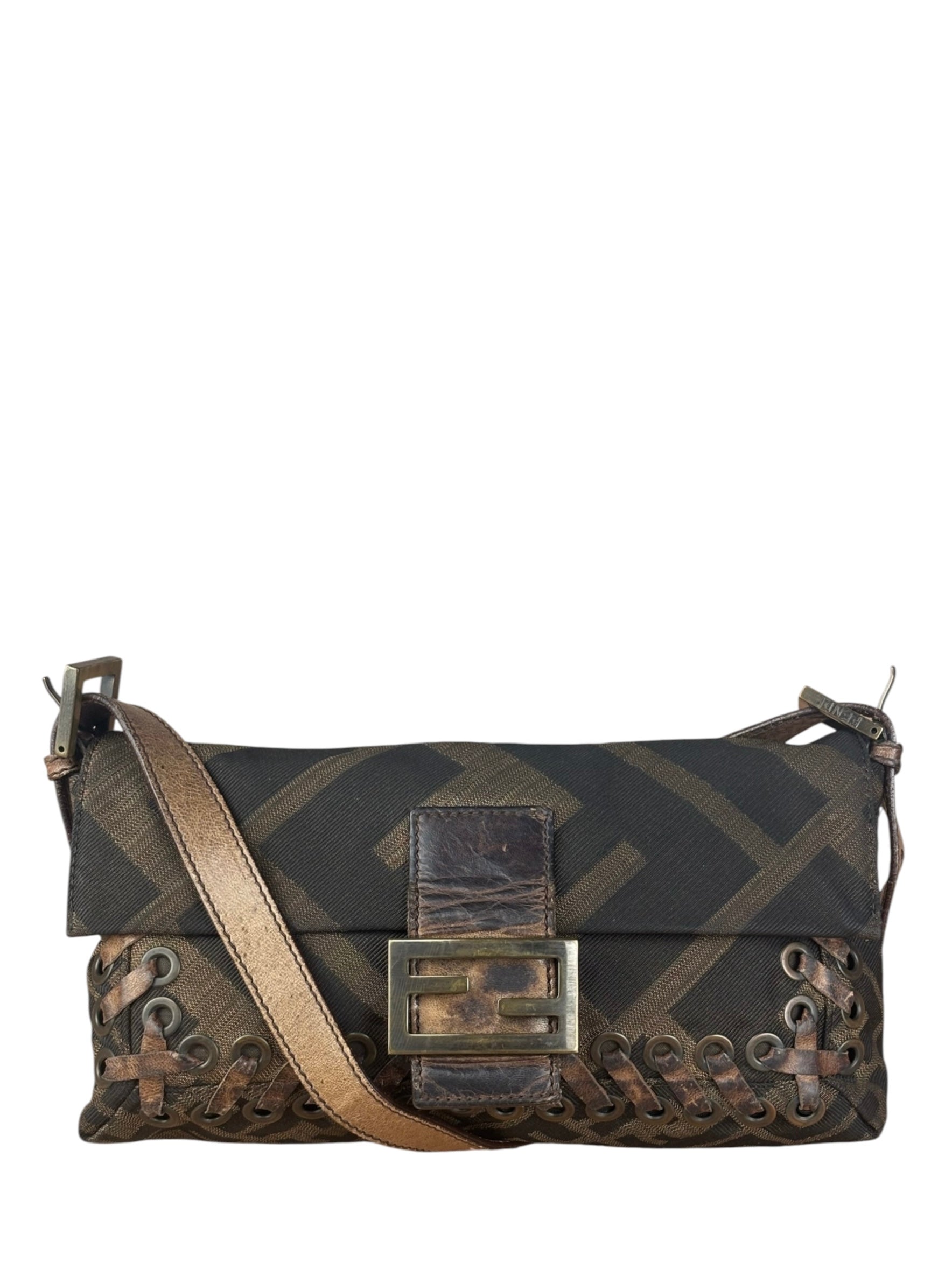 Fendi Zucca Whipstitch Baguette Shoulder Bag