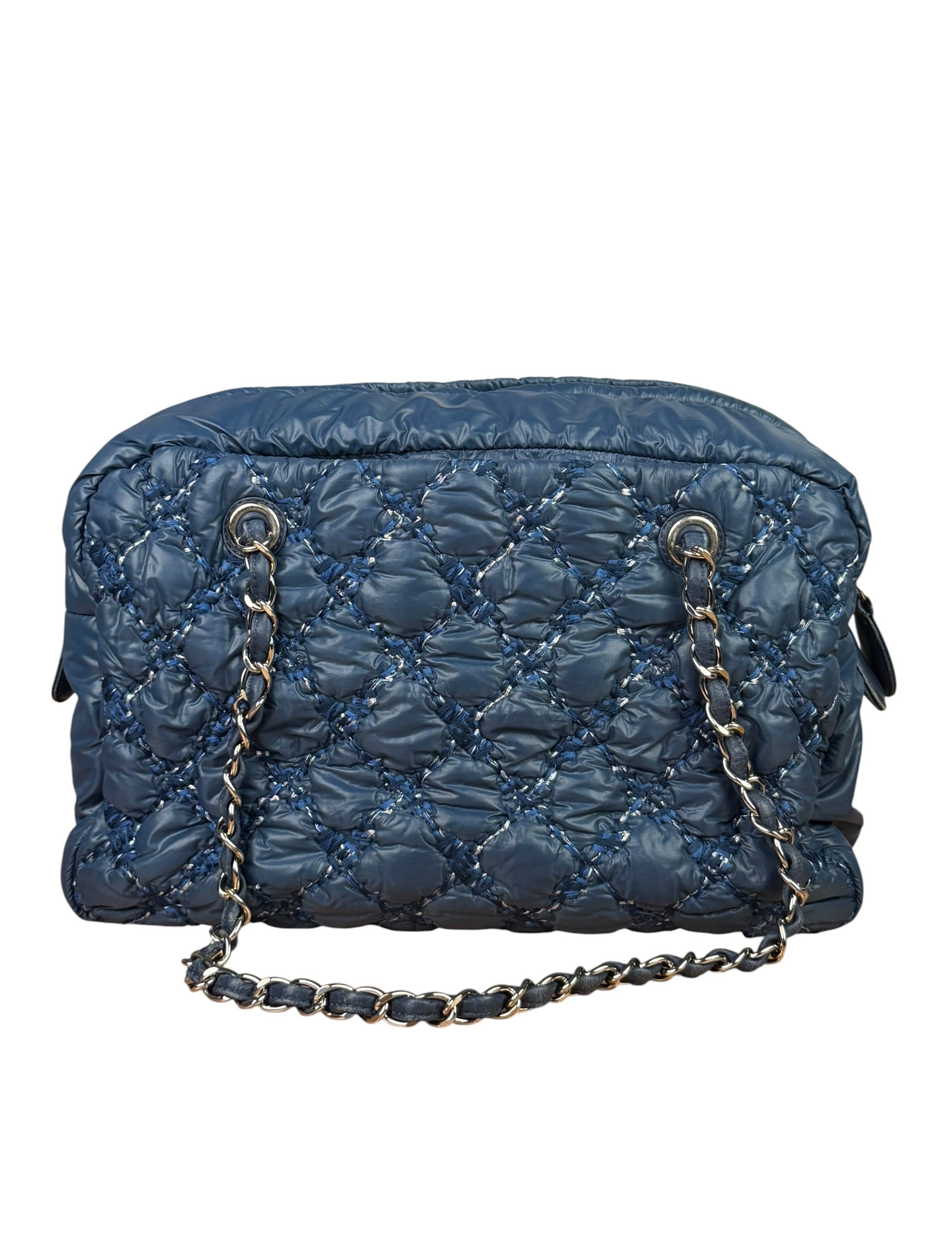 Chanel Blue Leather Trim/Nylon Tweed Stitch Puffer Chain Shoulder Bag 2010