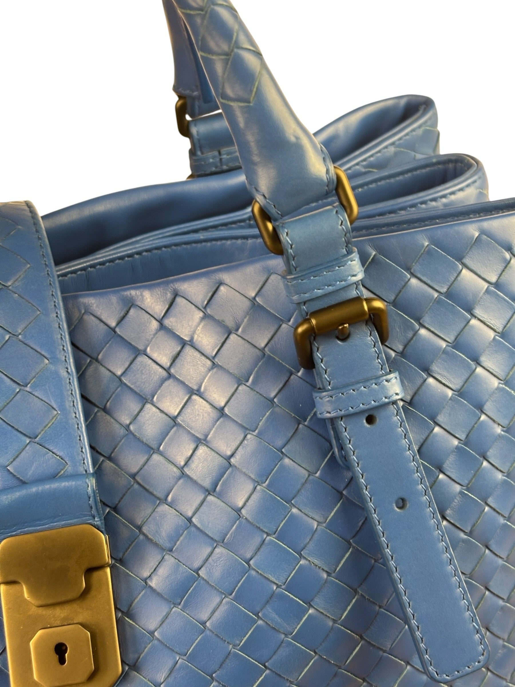Bottega Veneta Blue Leather Small Nappa Intercciato Roma Satchel