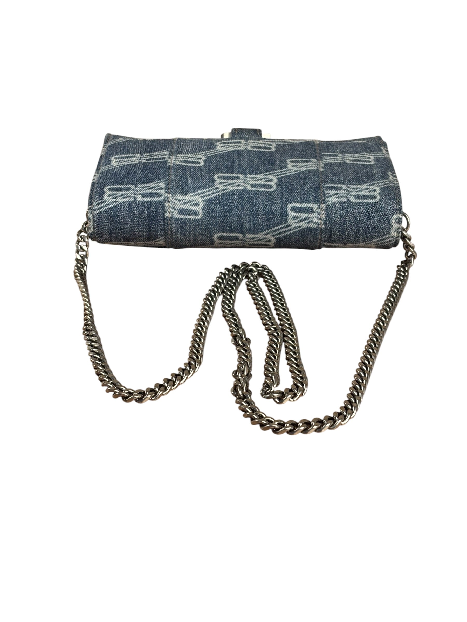 Balenciaga Blue Denim Hourglass Monogram Wallet On Chain