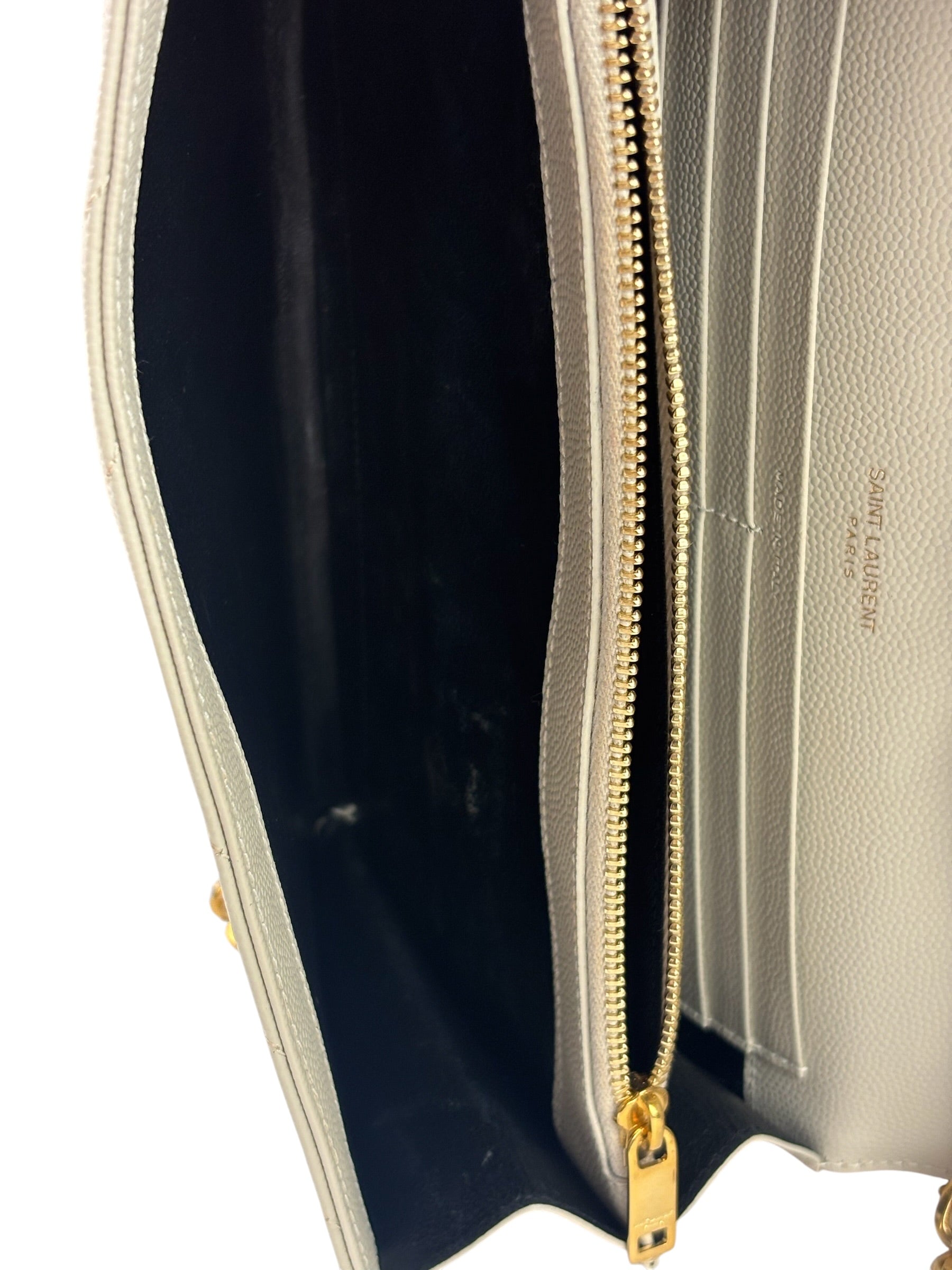 YSL Cream Pebbled Leather Cassandre Envelope Small Wallet On Chain