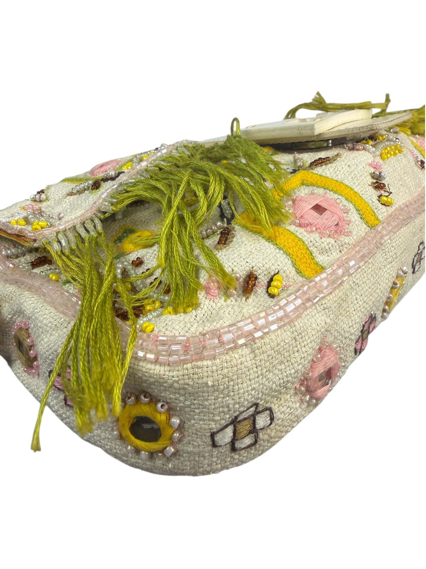 Fendi Cream Leather Trim Beaded Baguette