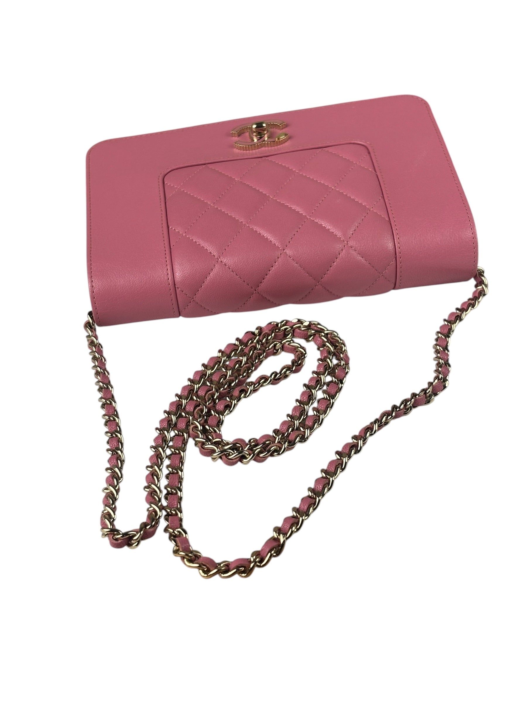 Chanel Pink Lambskin Mademoiselle Flap Wallet On Chain 2018