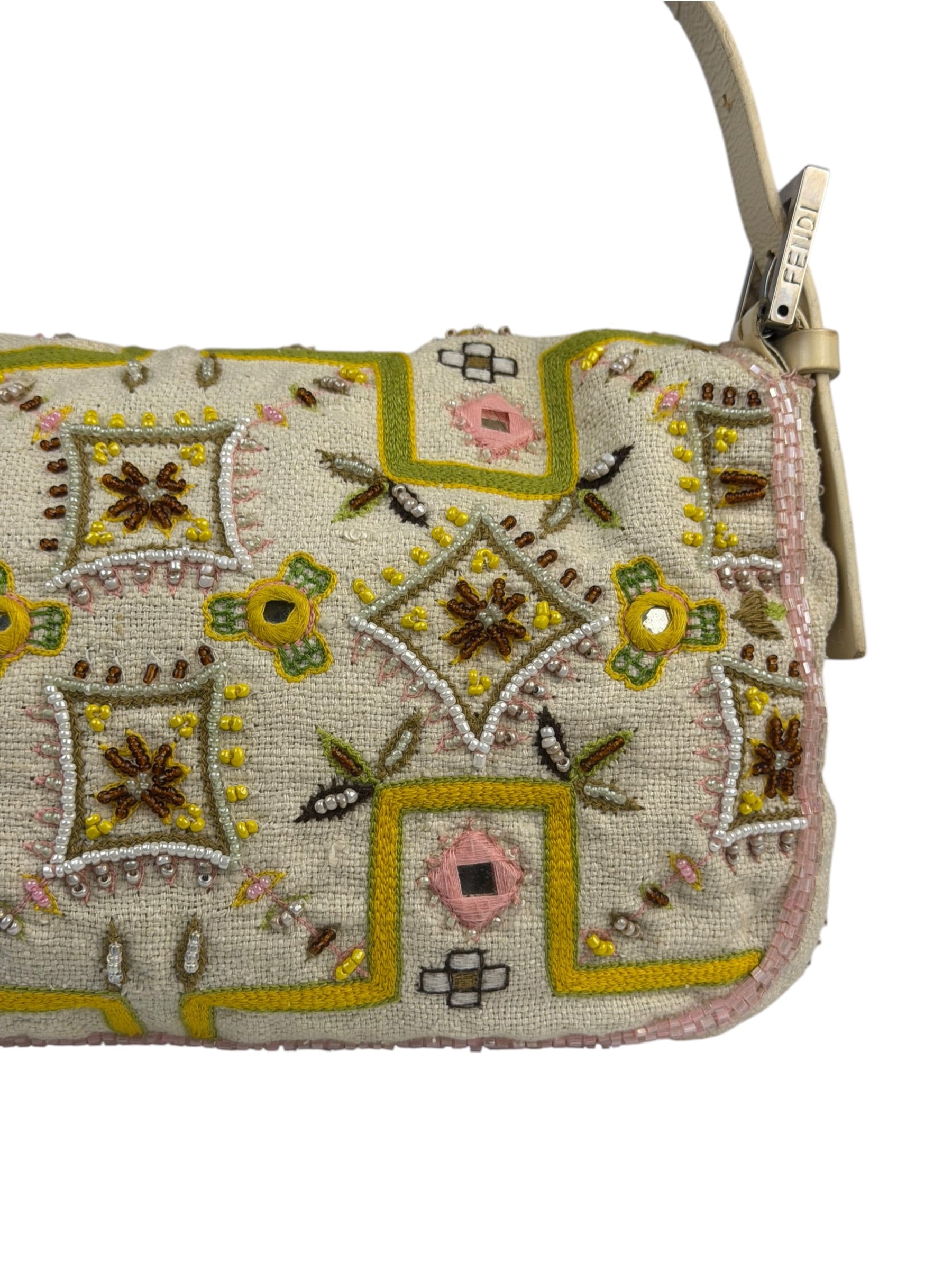 Fendi Cream Leather Trim Beaded Baguette
